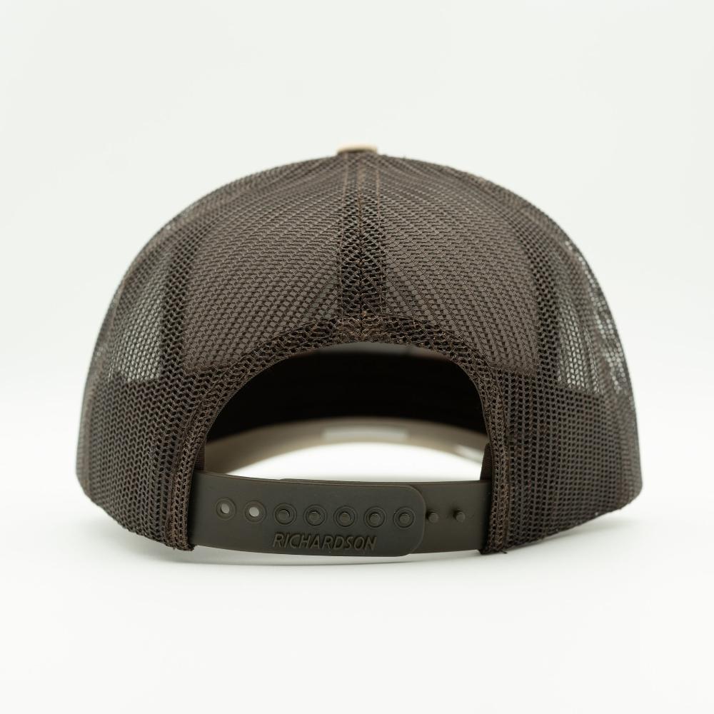 Back view of khaki and brown Richardson 112 Bearline Peak hat, showing brown mesh back panels and adjustable snapback.