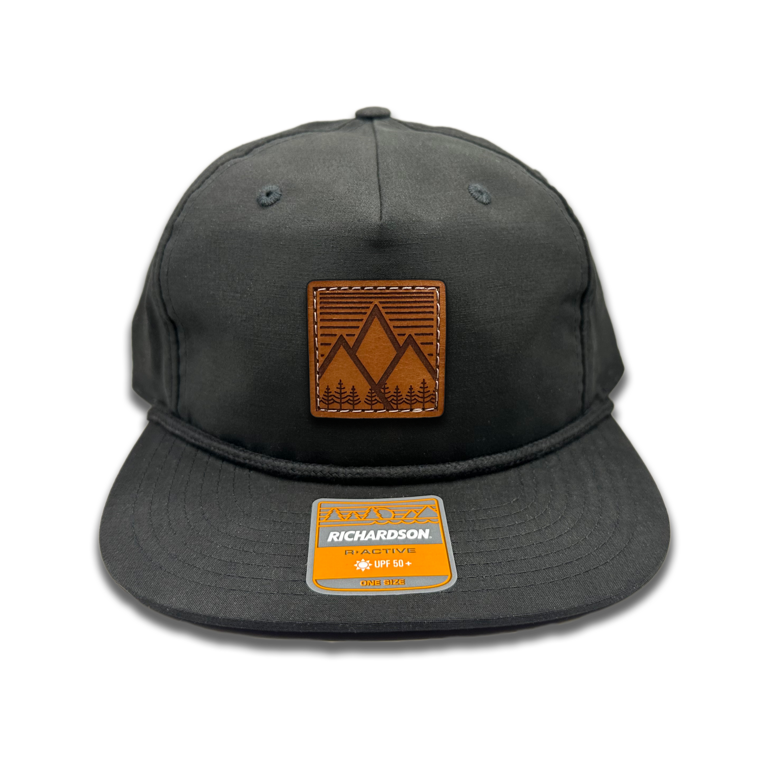 Black Richardson 256 Rope Umpqua Hat: flatbill, lightweight material, low profile SnapBack cap ideal for outdoor adventures. Real leather patch with mountain west design adds rugged charm.