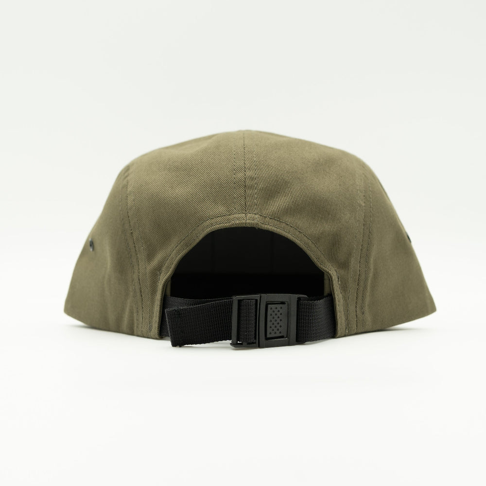 Back view of olive Yupoong 7005 Three Lil Pines hat, showing adjustable strap and buckle on a low-profile cotton flat bill mountain hat.