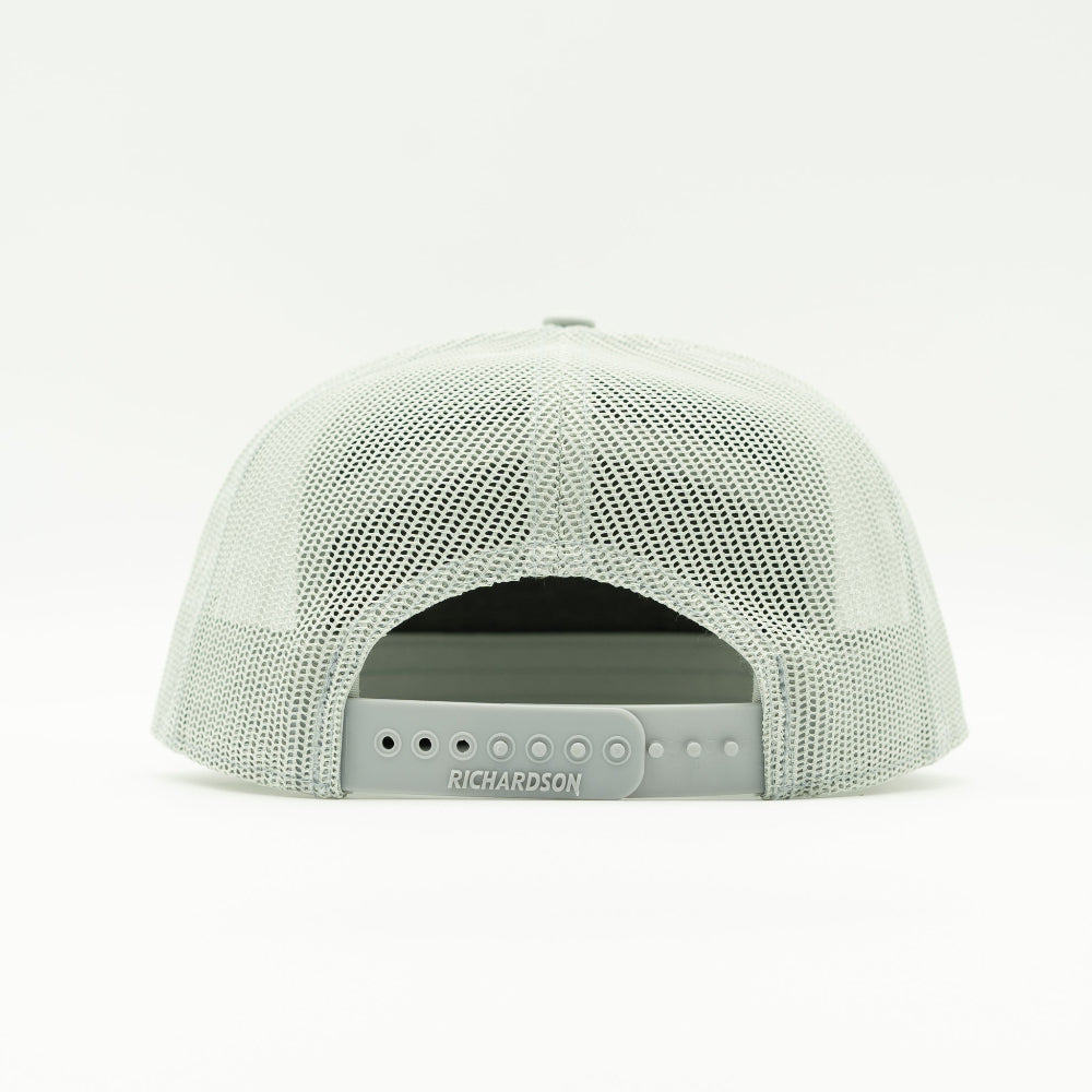 Back view of quarry gray Richardson 168 Colorado trucker hat showing mesh back and adjustable snapback fit