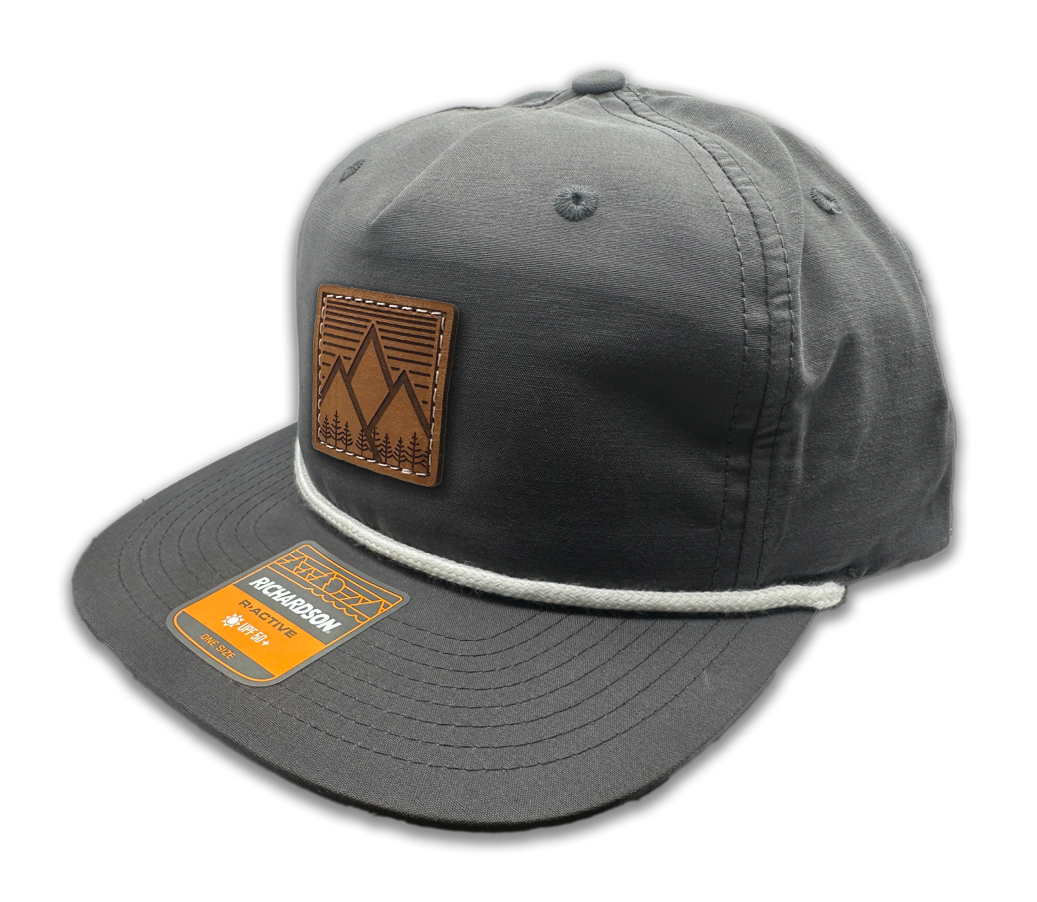 Charcoal Richardson 256 Rope Umpqua Hat with flatbill and lightweight material. Low profile SnapBack cap perfect for outdoor adventures. Features real leather patch with mountain west design for rugged charm.