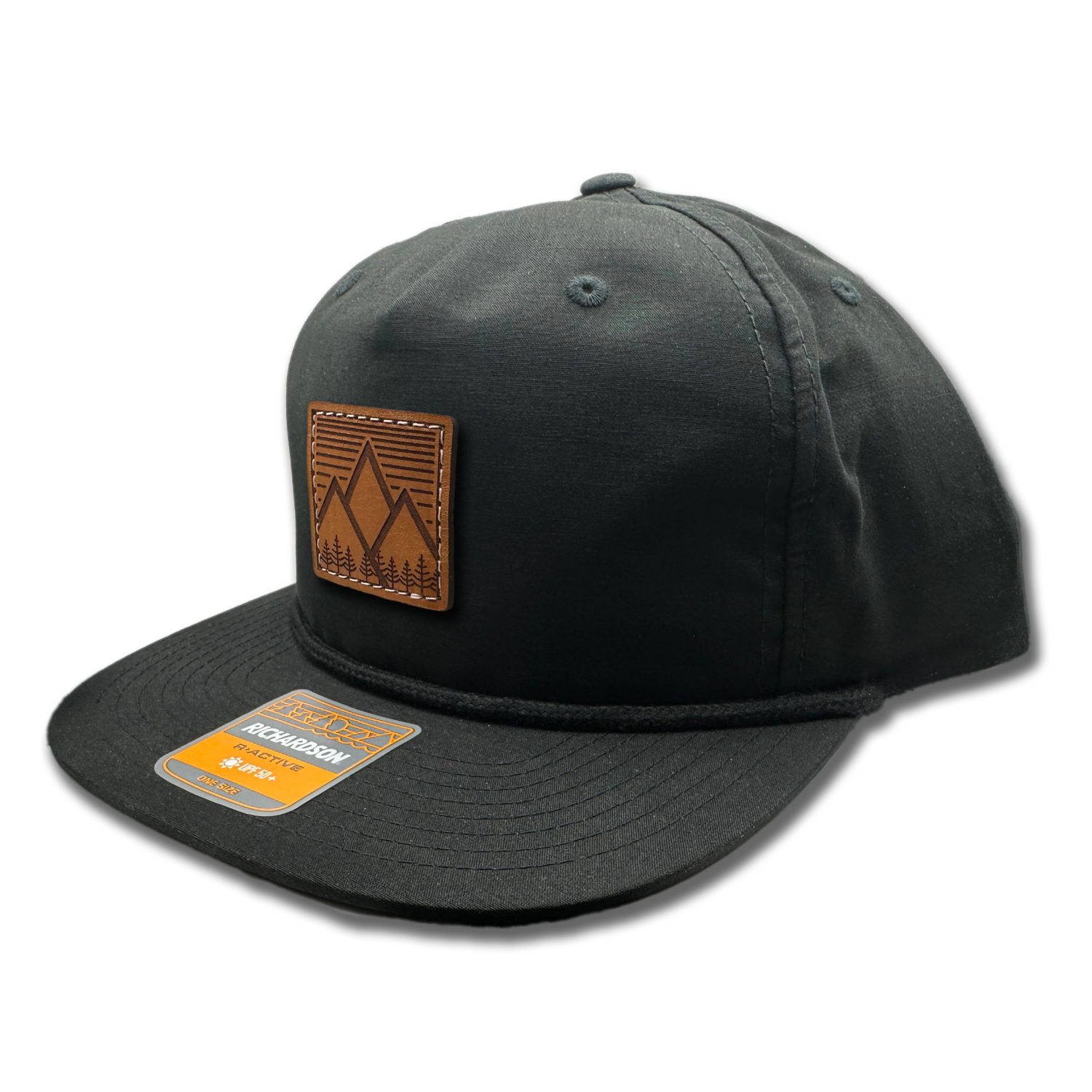 Black Richardson 256 Rope Umpqua Hat: flatbill, lightweight material, low profile SnapBack cap ideal for outdoor adventures. Real leather patch with mountain west design adds rugged charm.