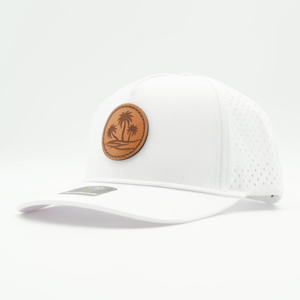 Side view of white Outer Wings 970 Oasis rope hat, water-resistant nylon with round leather patch.