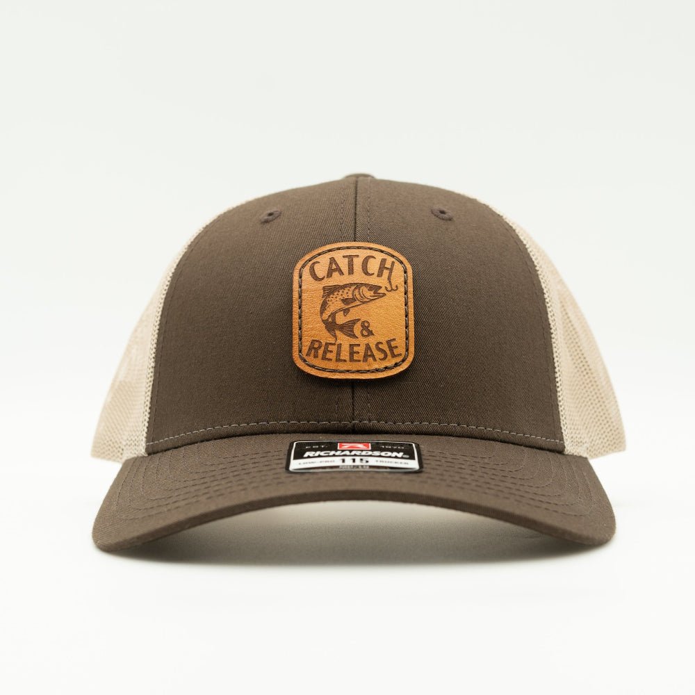 Front view of brown/khaki Richardson 115 low profile fishing hat with Catch & Release leather patch and curved bill.
Color: Brown/Khaki