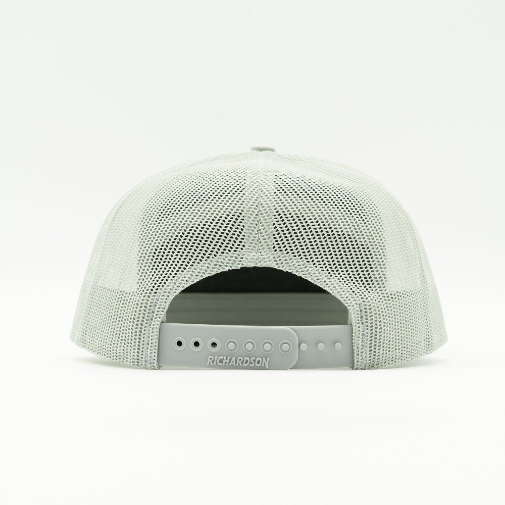 Back view of quarry gray Richardson 168 Colorado trucker hat showing mesh back and adjustable snapback fit.
Color: Quarry 168 (OSFM)