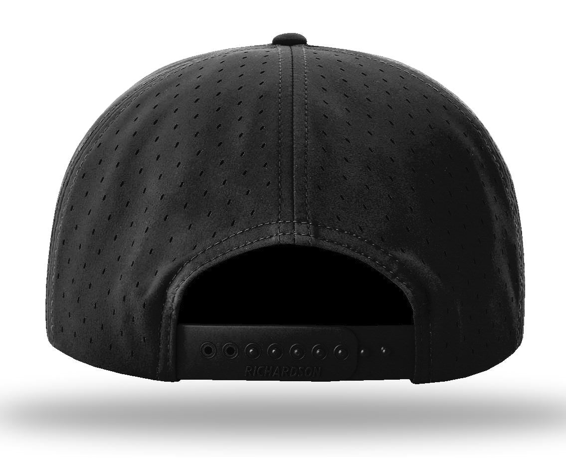 Black structured baseball cap with perforated fabric panels and an adjustable snapback closure, shown from the back on a white background.
Color: Black