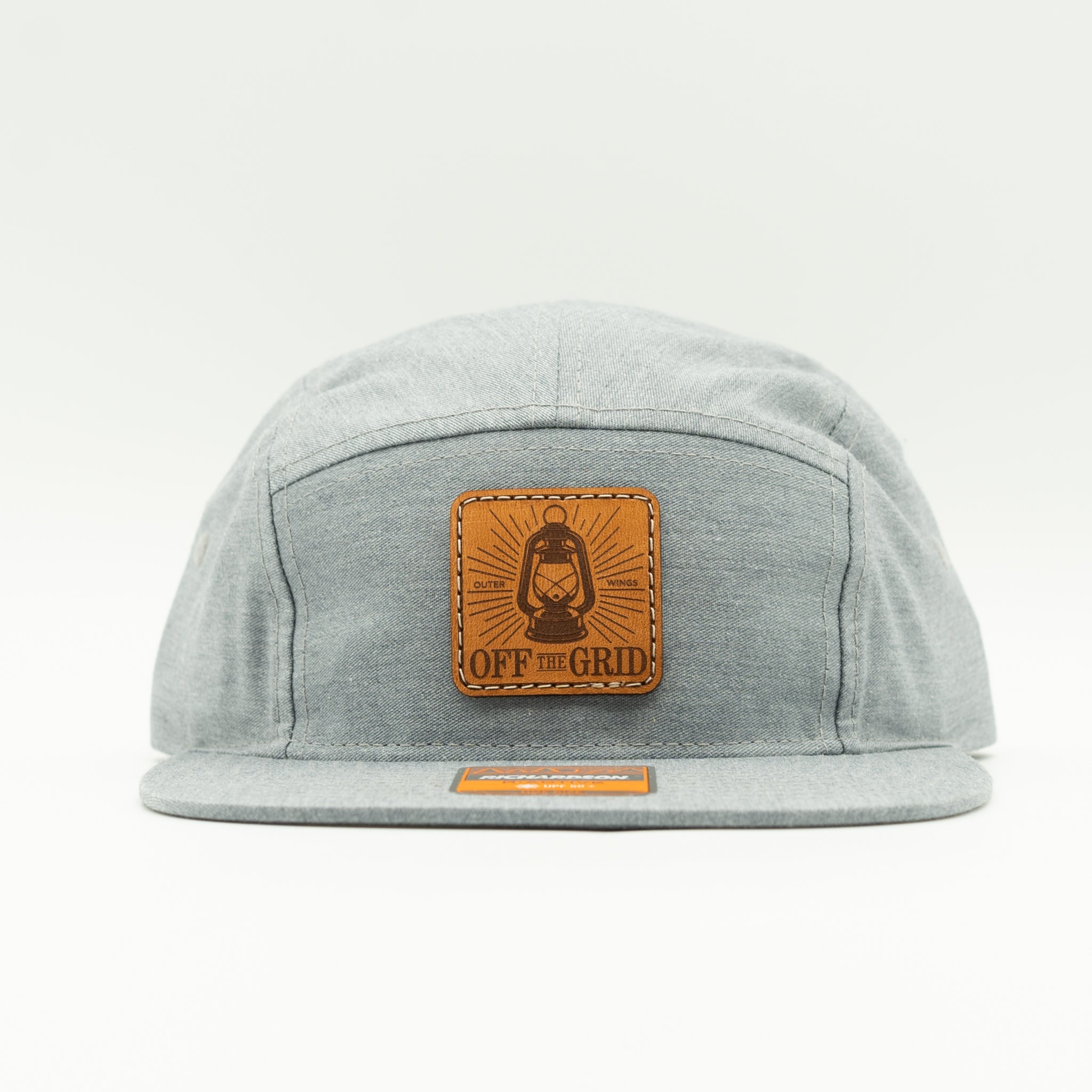 Heather grey Off The Grid leather patch camper hat front view, five panel Richardson 217 with flat bill and rugged sewn patch.