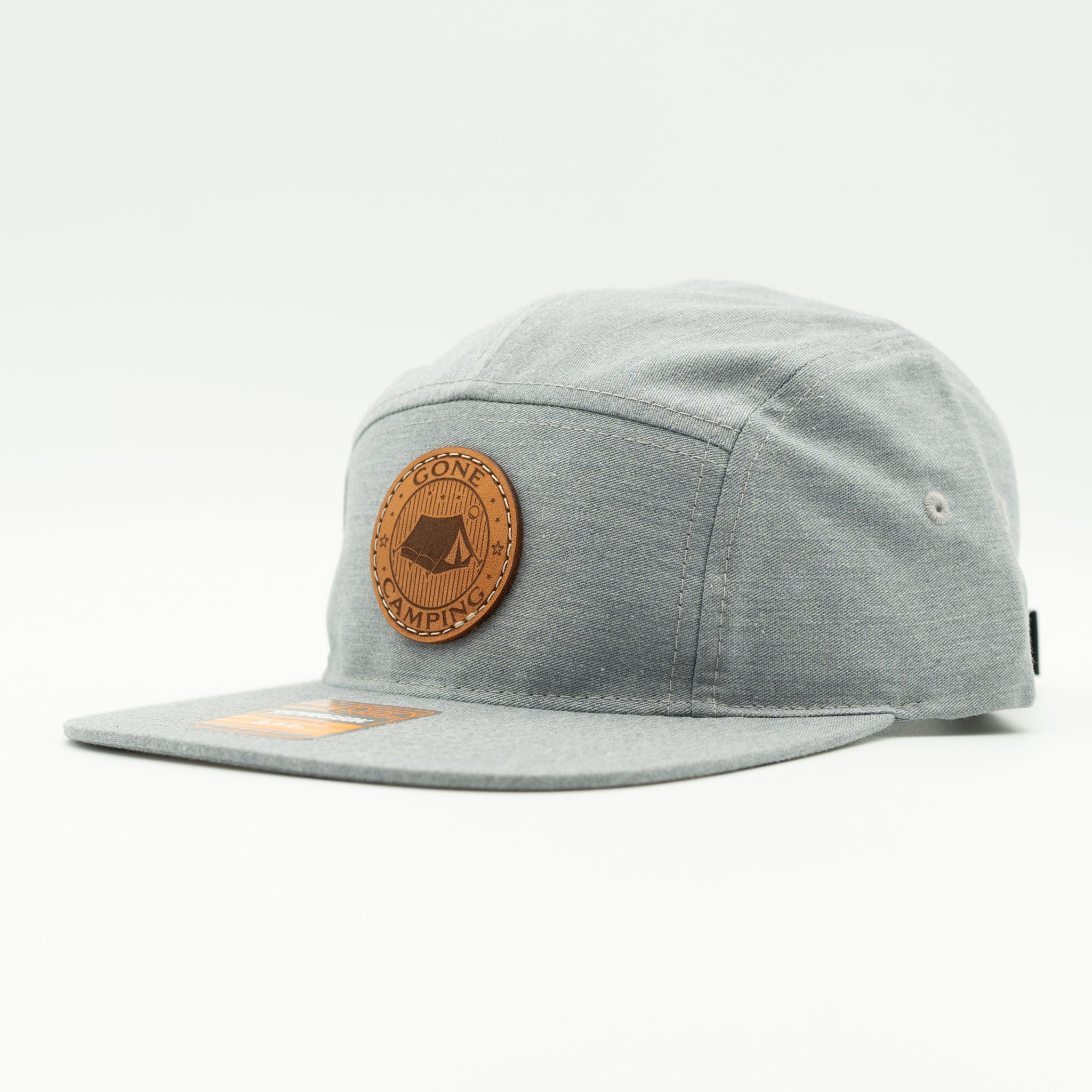 Side view of heather grey Richardson 217 Gone Camping leather patch camper hat with flat bill.
Color: Heather Grey
