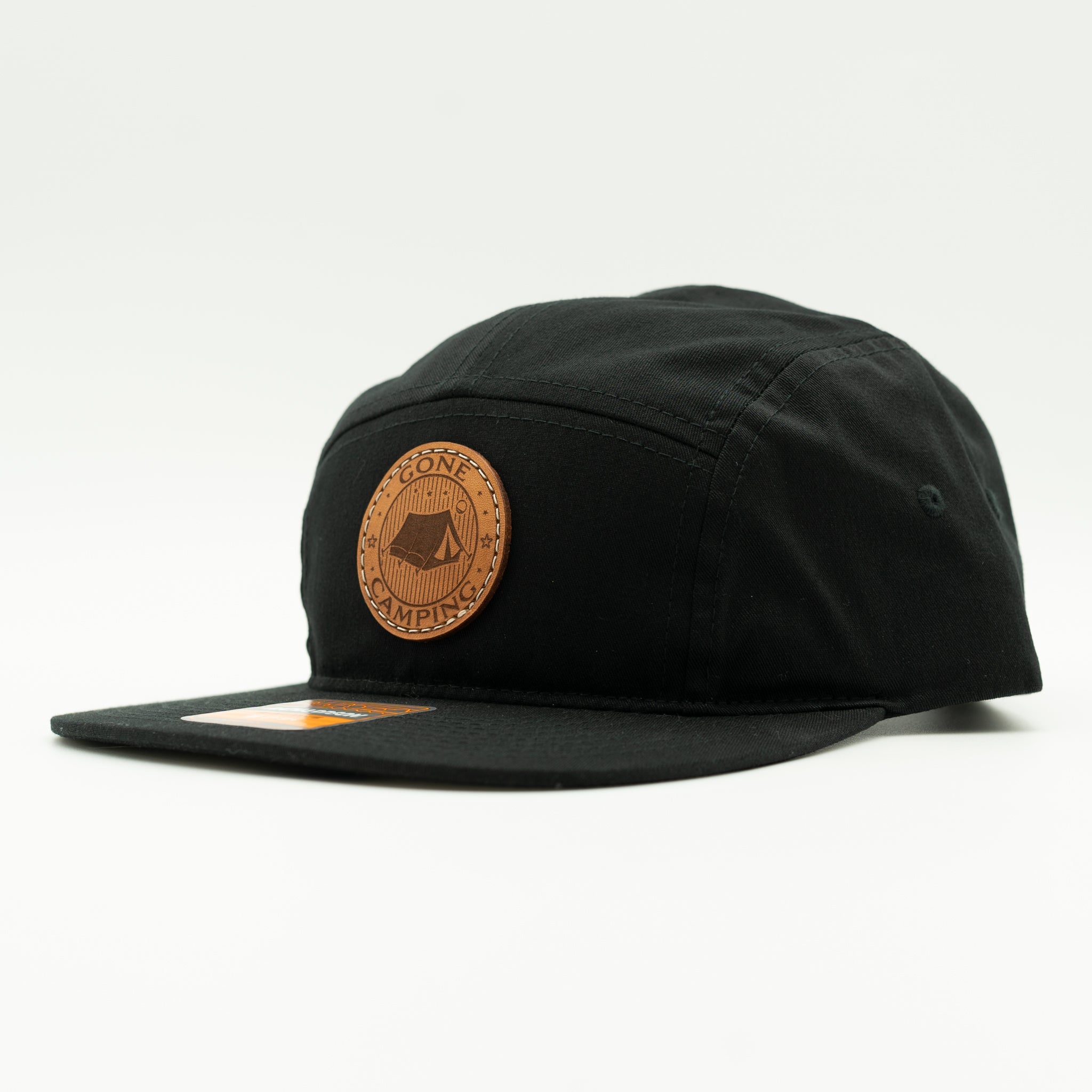 Side view of black Richardson 217 Gone Camping leather patch camper hat, flat bill and low-profile fit.
Color: Black