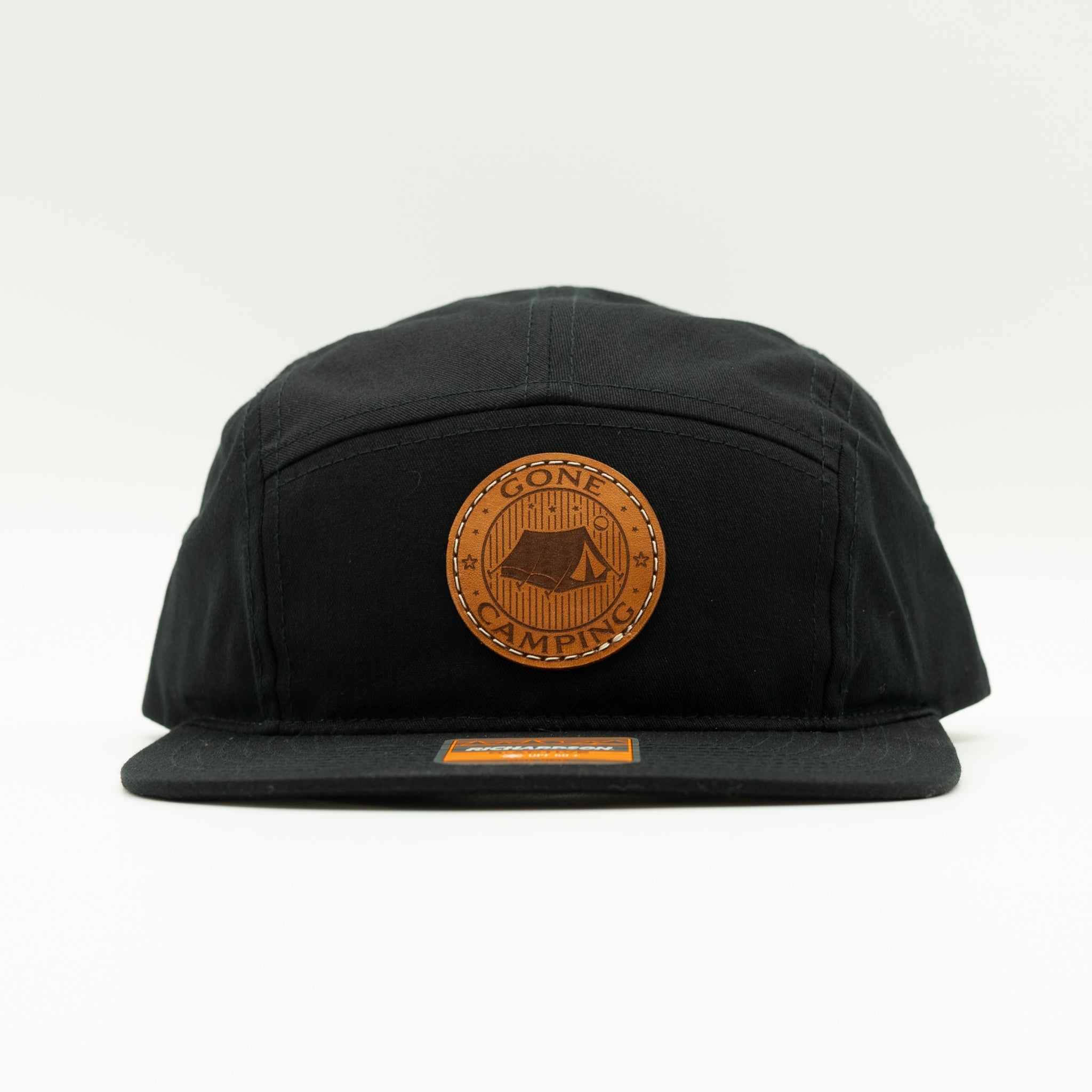 Front view of black Richardson 217 camper hat with round Gone Camping tent leather patch.
Color: Black