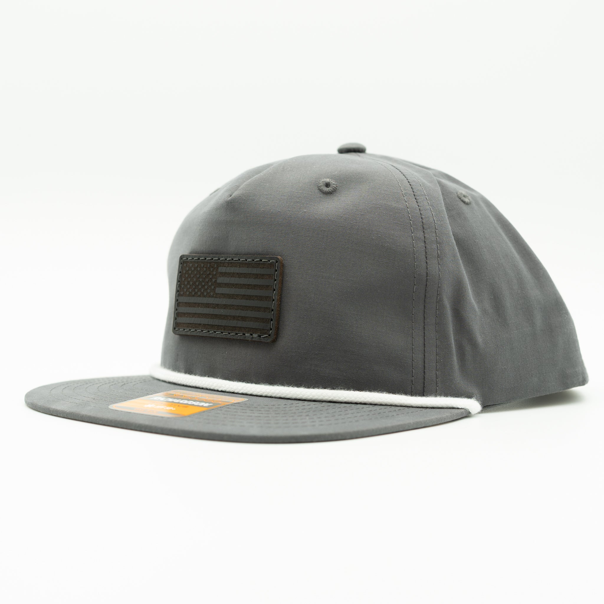Charcoal Richardson 256 American flag rope hat featuring black leather patch and rope detail.
Color: Charcoal/White