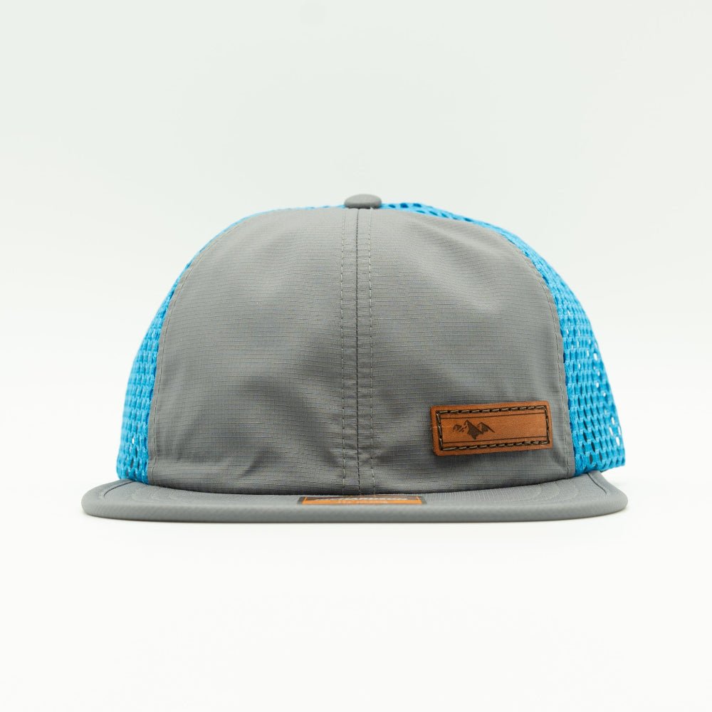 Charcoal front with cyan mesh Richardson 935 performance hat front view, sewn leather Active Mountain patch water resistant hiking hat
Color: Charcoal/Cyan