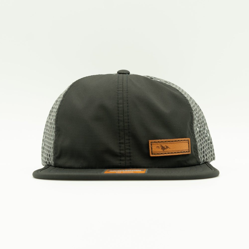 Black Richardson 935 performance hat front view with charcoal mesh and engraved leather Active Mountain patch, performance mountain hat
Color: Black/Charcoal