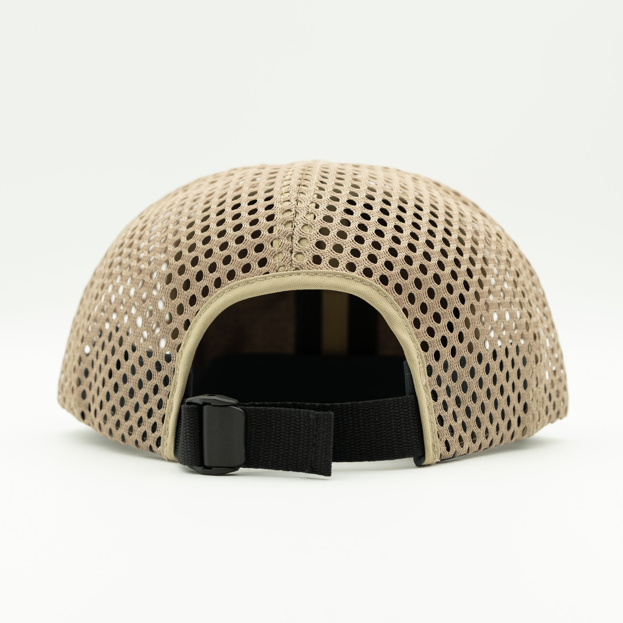 Front view of khaki Paddle and Chill circle leather patch hat, Richardson 935 performance cap for paddleboarding, kayaking and lake days.