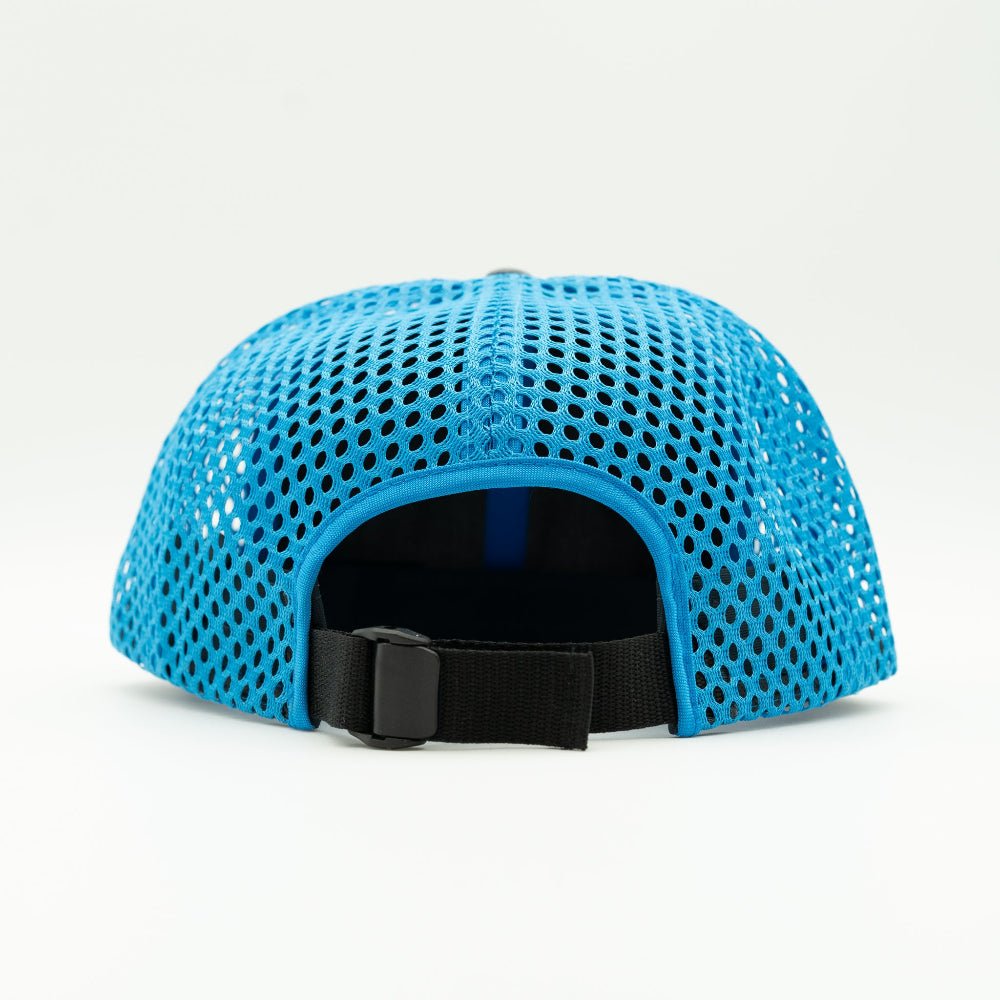 Back view of charcoal and cyan Richardson 935 Paddle and Chill hat, wide cyan mesh and adjustable webbing strap for all-day comfort on the water.