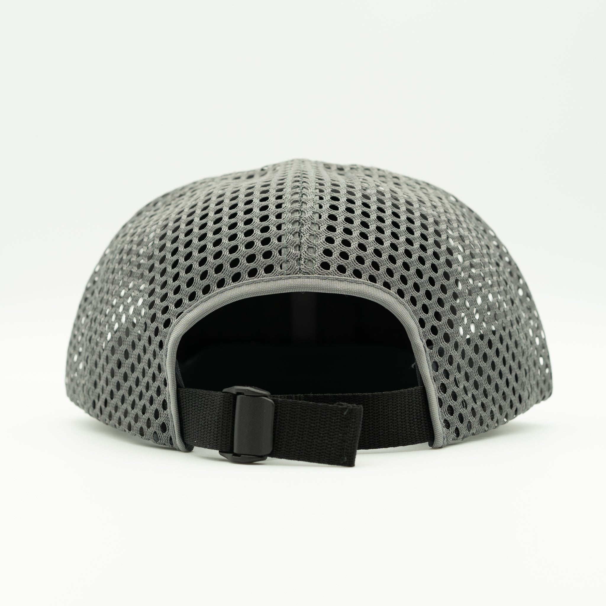 Back view of black and charcoal Richardson 935 Paddle and Chill hat with dark mesh and adjustable webbing strap, packable water resistant outdoors hat.