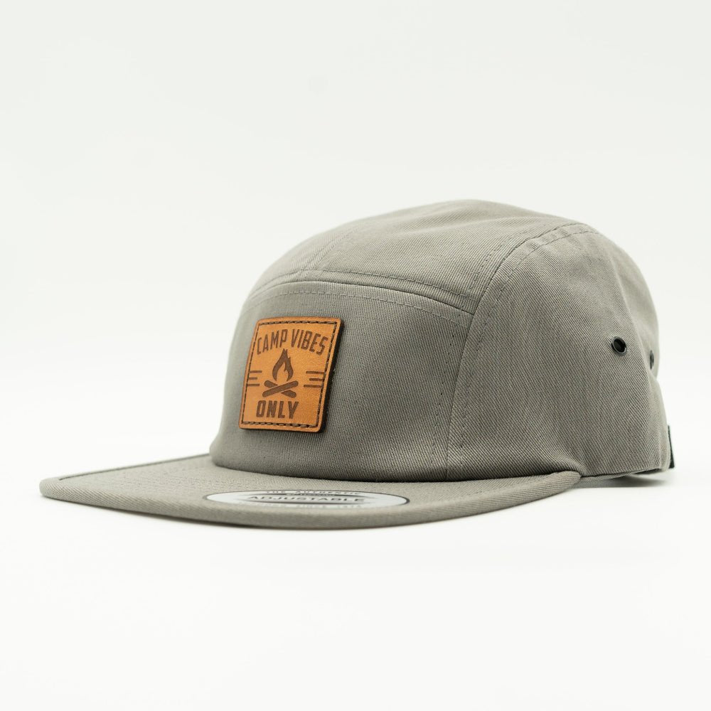 Side view of grey and charcoal Camp Vibes Only camper hat on a Yupoong 7005 5 panel with flat bill and leather patch.
Color: Dark Grey