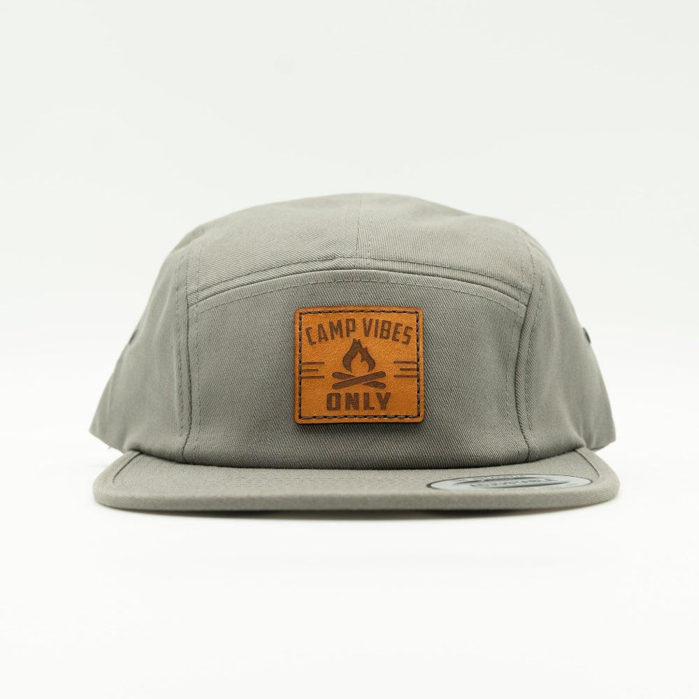 Front view of grey/charcoal Yupoong 7005 Camp Vibes Only hat with engraved campfire leather patch for camping and trail days.
Color: Dark Grey