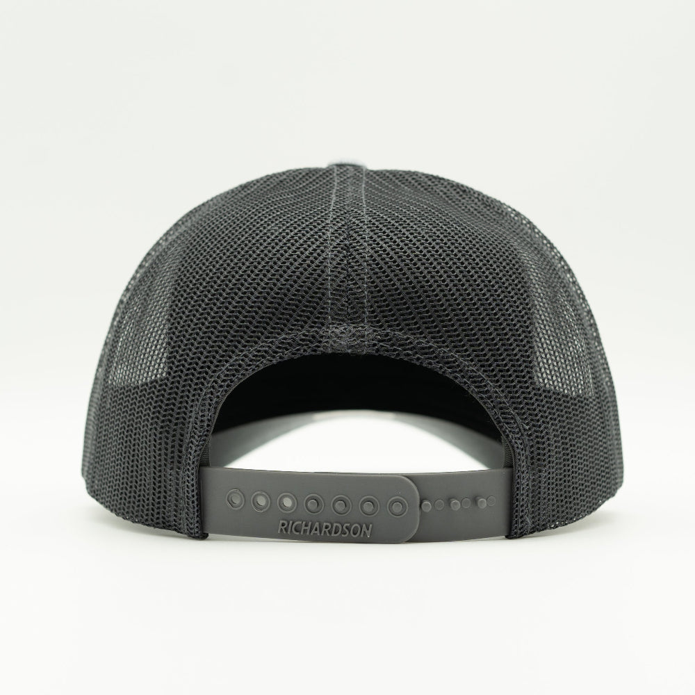 Back of Heather Grey Charcoal Blossom leather patch Richardson 115, charcoal mesh back and adjustable snap strap.

Color: Heather Grey/Charcoal