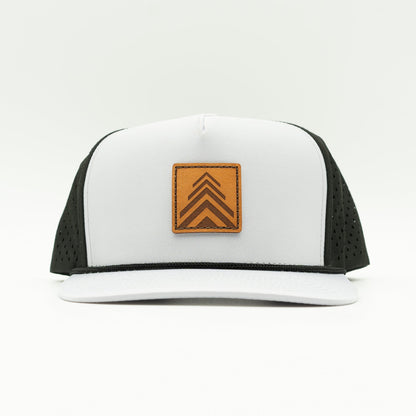 Front view of the Arrow Pine Hat by Outer Wings in grey/black, featuring a high-profile Outer Wings 970 hat with a unique square patch of a triple arrow design resembling a pine tree. The grey front with black mesh back adds contrast, making it a versatile choice for any outdoor adventure.