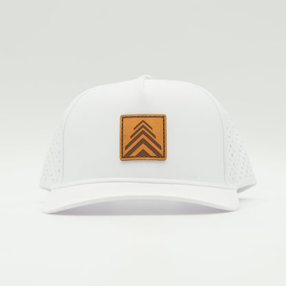 Front view of the Arrow Pine Hat by Outer Wings in white, featuring a high-profile Outer Wings 970 hat with a square leather patch showcasing a triple arrow design resembling a pine tree. The hat is made from durable, water-resistant fabric, with a structured build and classic rope detail, perfect for outdoor enthusiasts.