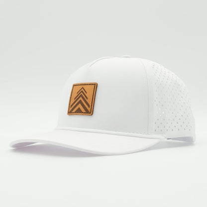 Side view of the Arrow Pine Hat by Outer Wings in white, highlighting the structured high-profile design, classic rope detail, and the distinctive square patch with a triple arrow pine tree motif. The hat's water-resistant fabric and adjustable snapback closure make it ideal for adventurous activities.