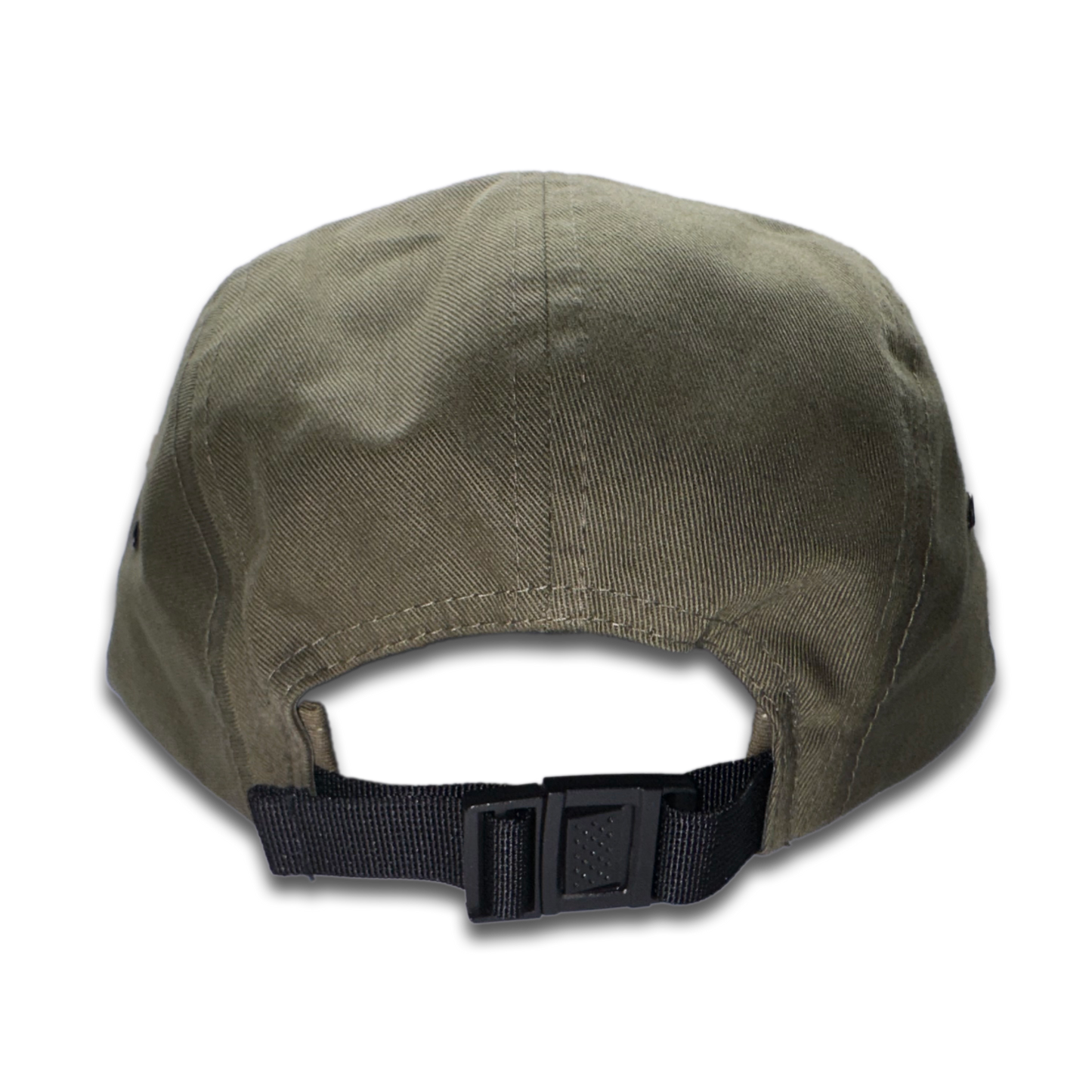 Back view of the Wanderlust Leather Patch Hat by Outer Wings, featuring the adjustable nylon strap with a plastic clip closure for a secure fit. The breathable cotton back offers comfort and durability, perfect for outdoor adventures and casual wear.