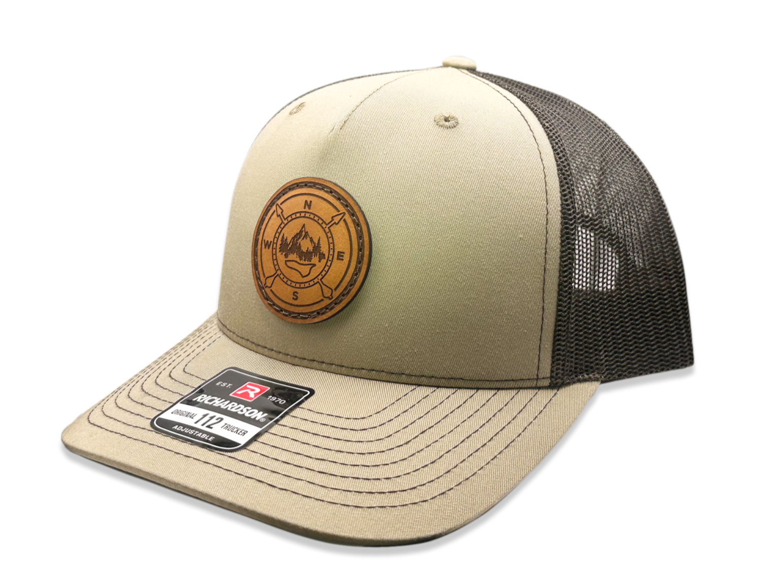 Custom Khaki/Brown Richardson Leather Patch hat. Our custom designed leather patch is laser engraved and sewn onto a Richardson 112 Hat. We use full-grain, veg tanned leather. Our custom leather patches are handmade and designed in Colorado, USA.