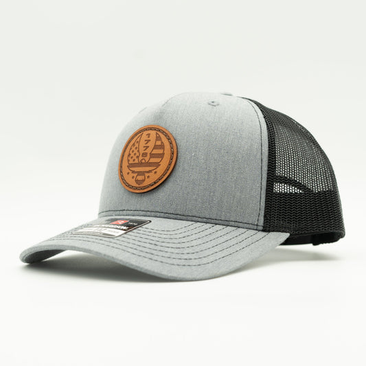 Custom Heather Grey Richardson Leather Patch hat. Our custom designed leather patch is laser engraved and sewn onto a Richardson 112 Hat. We use full-grain, veg tanned leather. Our custom leather patches are handmade and designed in Colorado, USA.