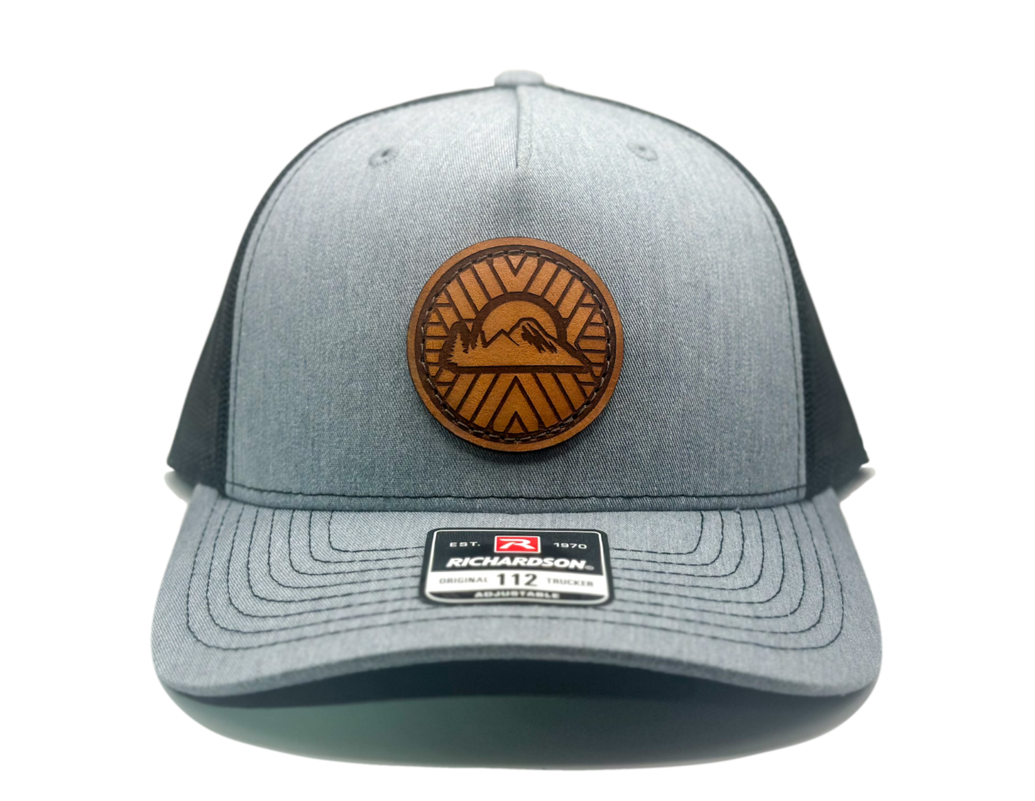 Custom Heather Grey Richardson Leather Patch hat. Our custom designed leather patch is laser engraved and sewn onto a Richardson 112 Hat. We use full-grain, veg tanned leather. Our custom leather patches are handmade and designed in Colorado, USA.