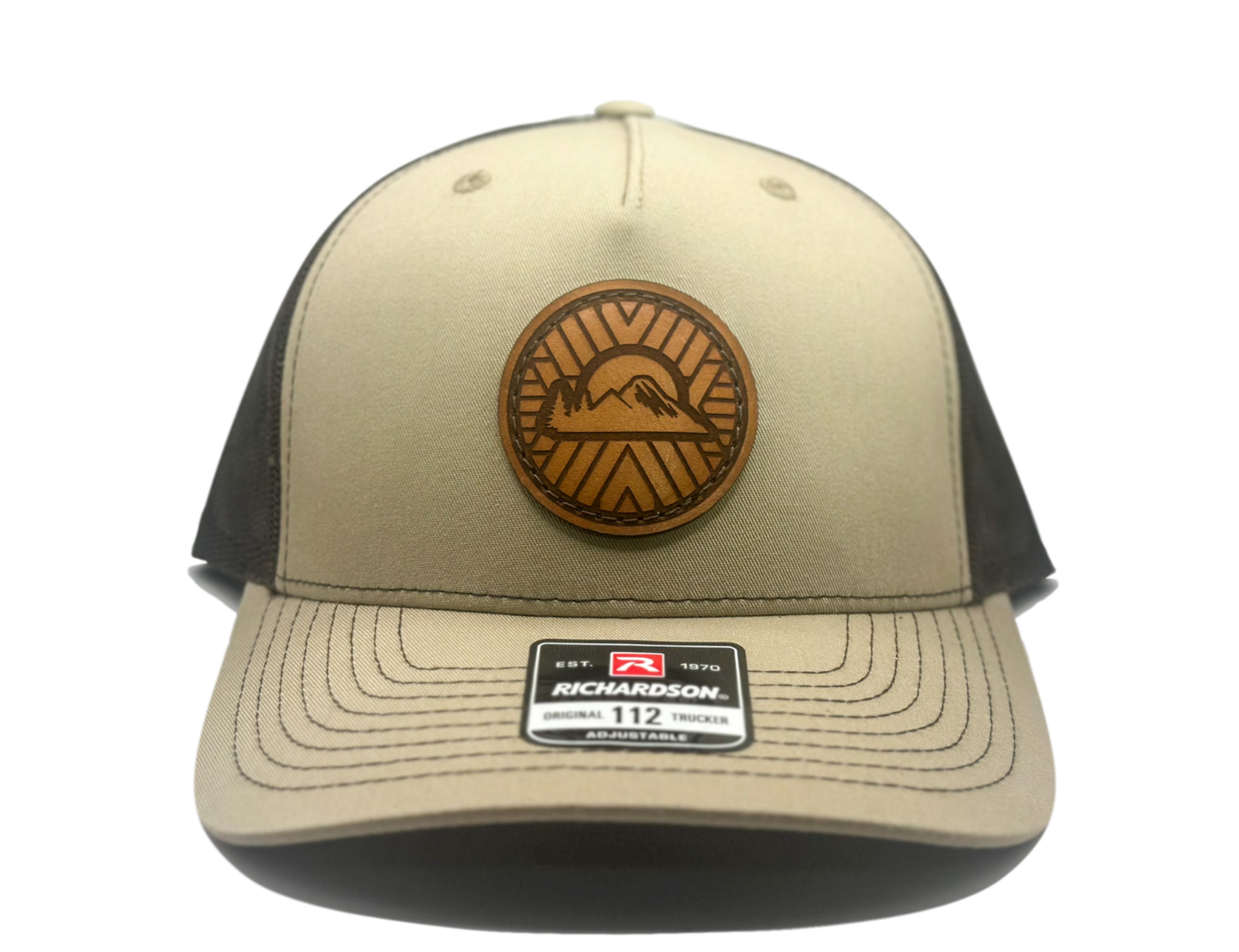 Custom Khaki/Coffee Richardson Leather Patch hat. Our custom designed leather patch is laser engraved and sewn onto a Richardson 112 Hat. We use full-grain, veg tanned leather. Our custom leather patches are handmade and designed in Colorado, USA