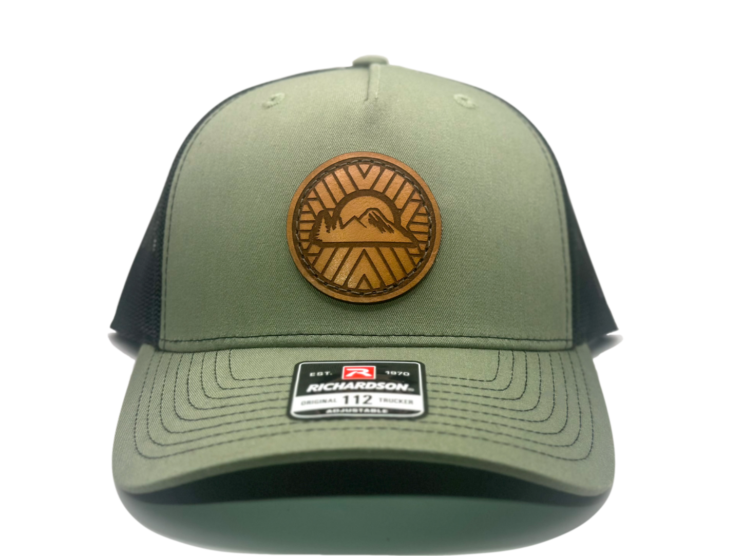 Custom Loden/black Richardson Leather Patch hat. Our custom designed leather patch is laser engraved and sewn onto a Richardson 112 Hat. We use full-grain, veg tanned leather. Our custom leather patches are handmade and designed in Colorado, USA.