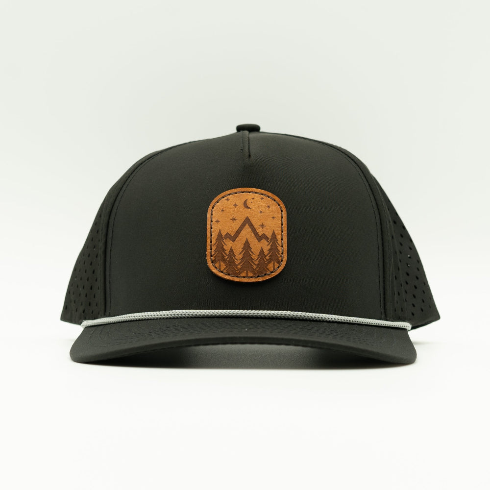 Front view of the Starry Night Leather Patch Hat by Outer Wings in Black, showcasing the rope detail, water-resistant fabric, and adjustable SnapBack. A sleek and stylish custom leather patch hat for casual wear.