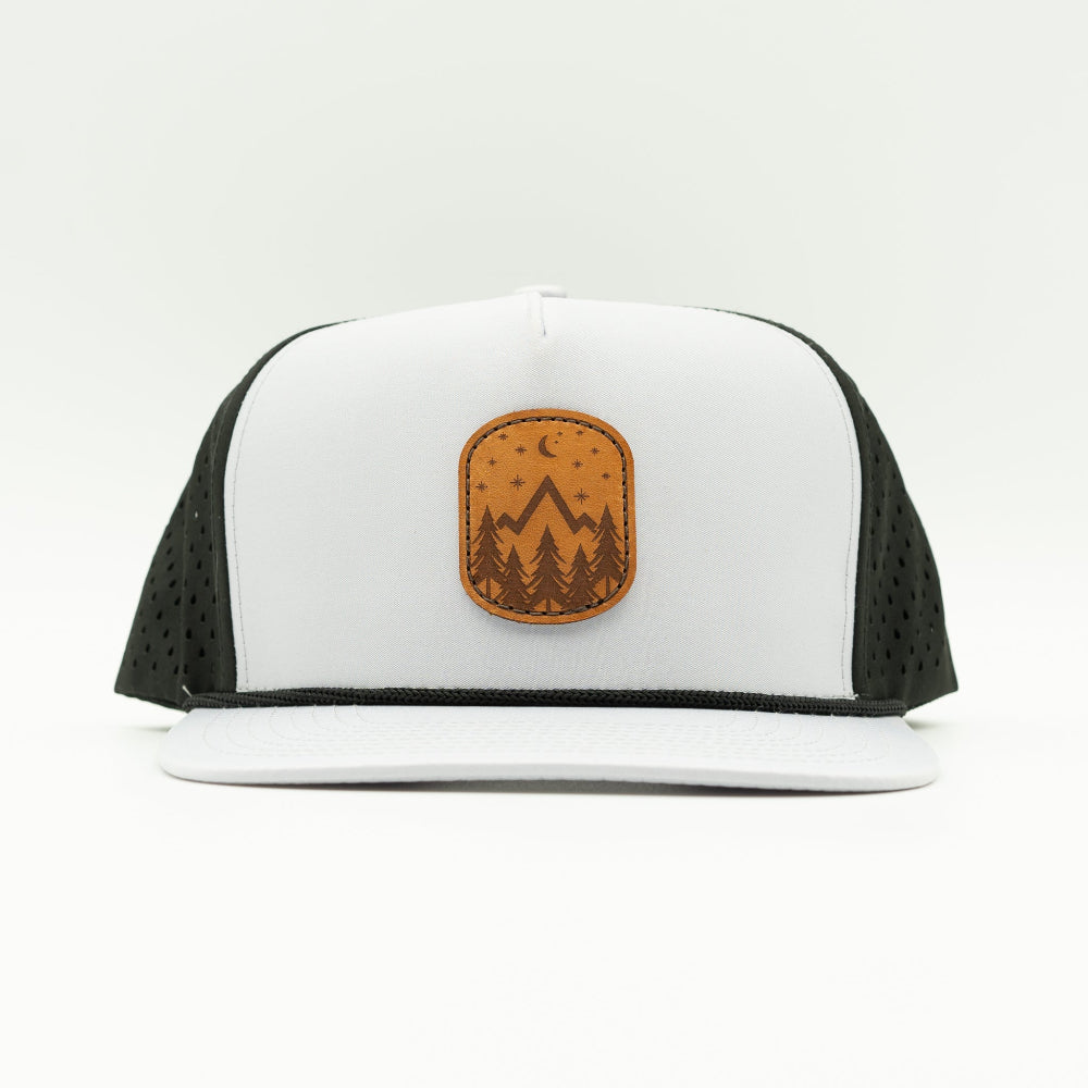 Front view of the Starry Night Leather Patch Hat by Outer Wings in Grey/Black, highlighting the breathable mesh back, rope detail, and adjustable SnapBack closure. A durable and stylish performance hat for all your outdoor adventures.