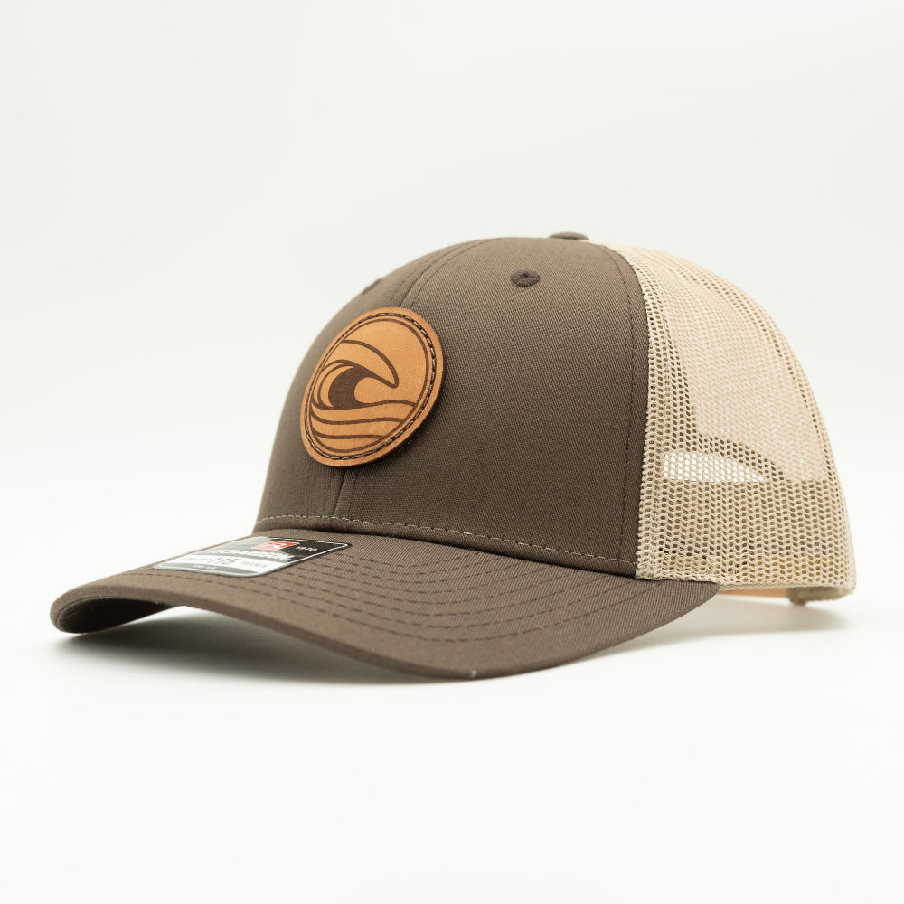 Side view of the Tidal Wave Leather Patch Hat by Outer Wings in Brown/Khaki, highlighting the breathable mesh back, adjustable SnapBack, and structured profile. A stylish custom leather patch hat for outdoor and casual wear.