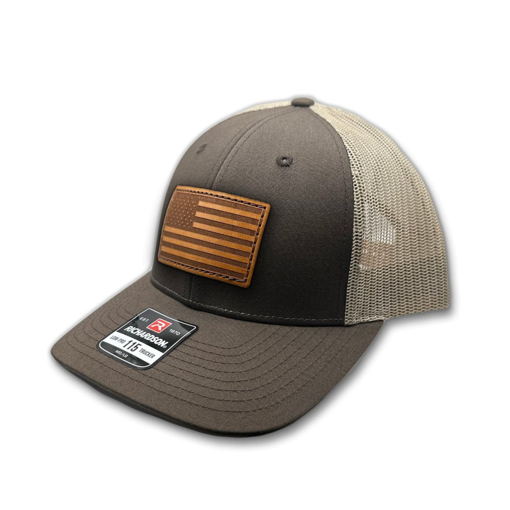 Side view of the Brown/Khaki American Flag Hat, showcasing the khaki mesh back and adjustable snapback closure, with the American Flag leather patch visible from the side.