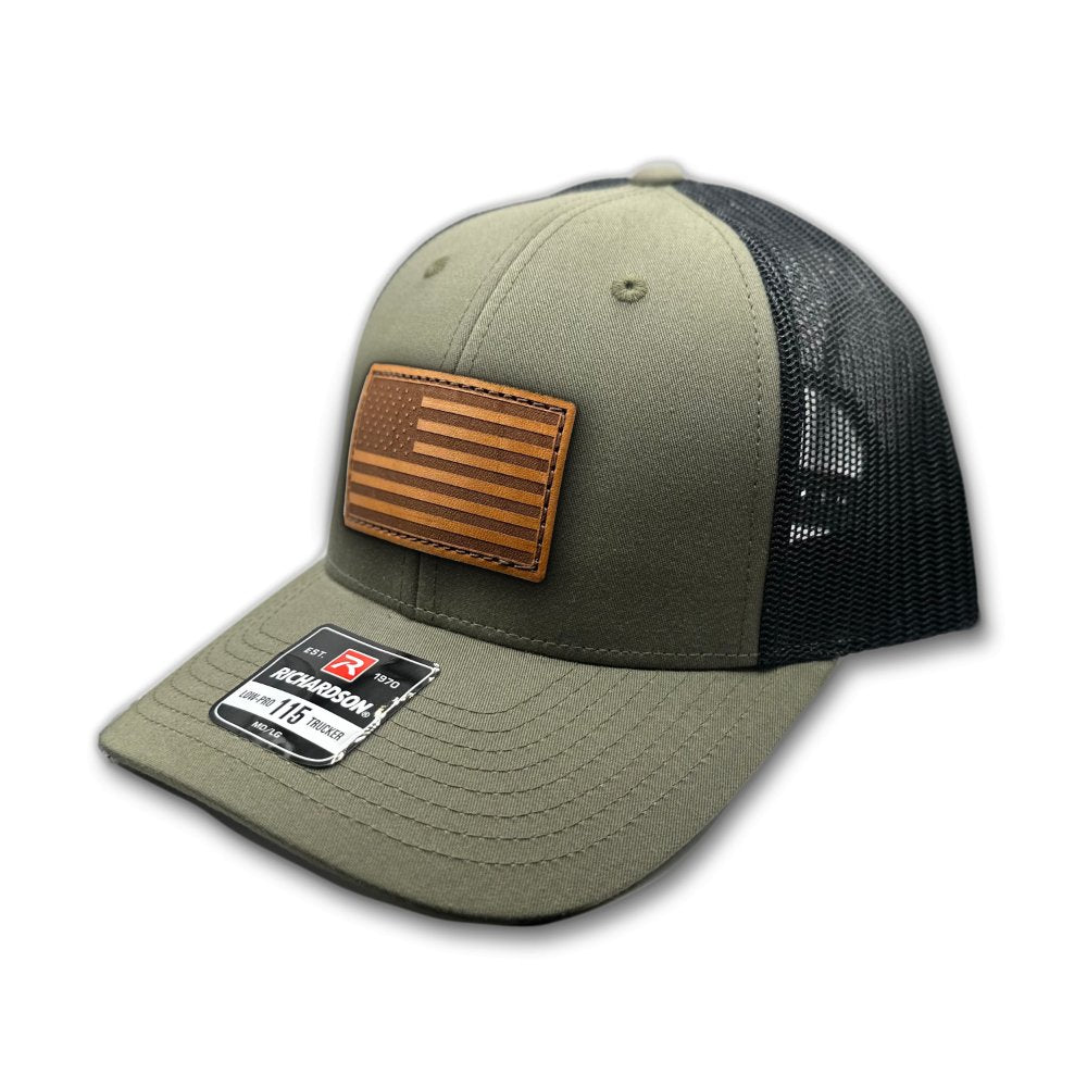 Side view of the Loden/Black American Flag Hat, highlighting the black mesh back and snapback closure, with the American Flag leather patch visible from the side.