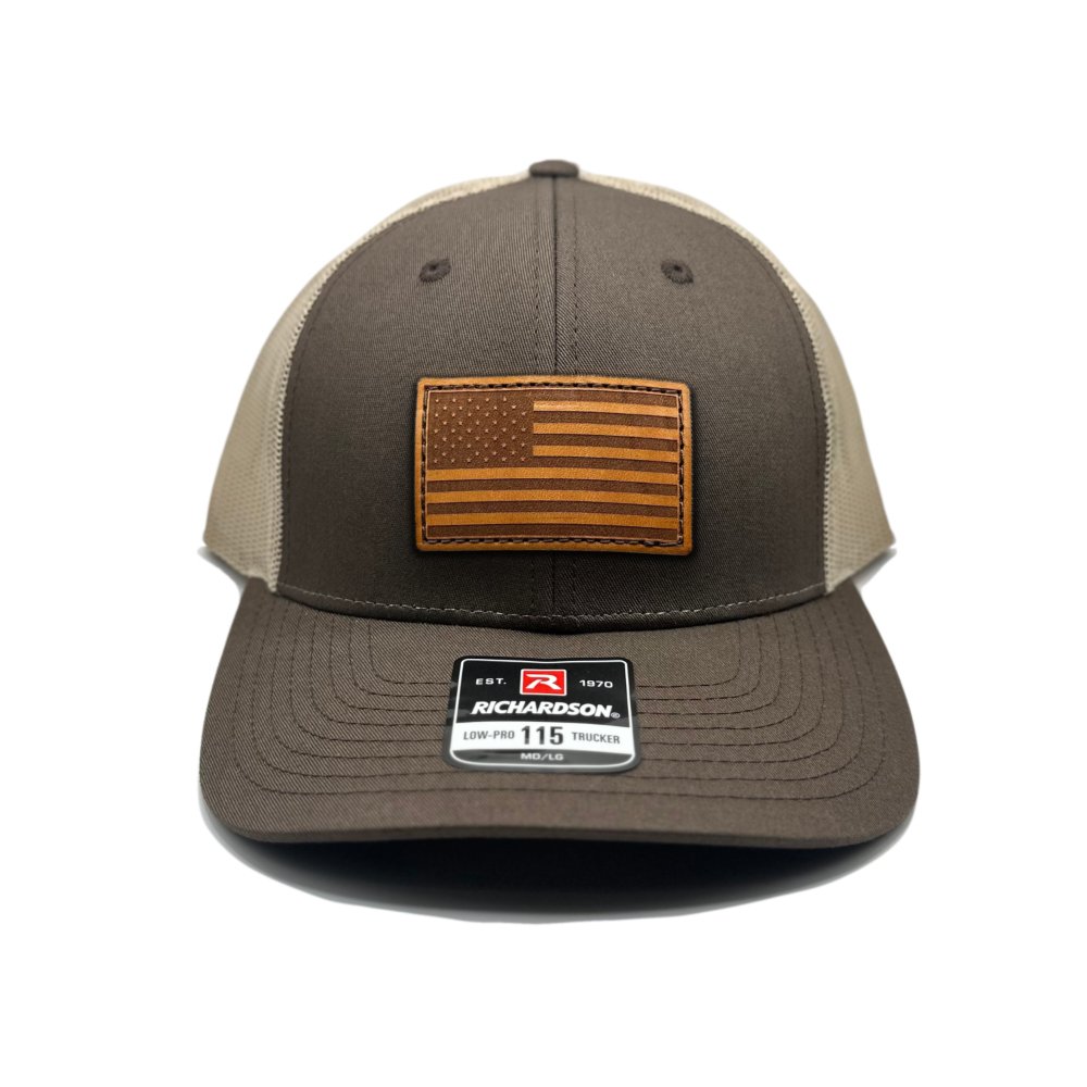 Brown/Khaki American Flag Hat by Richardson 115 with a genuine leather American Flag patch, laser-engraved and hand-sewn, on a brown and khaki trucker hat