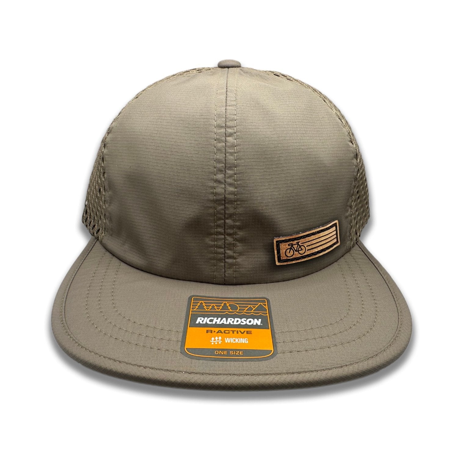 Khaki Fast Bike Hat by Richardson 935 featuring a front view of the genuine leather Fast Bike patch, laser-engraved and hand-sewn, on a khaki-colored polyester trucker hat.