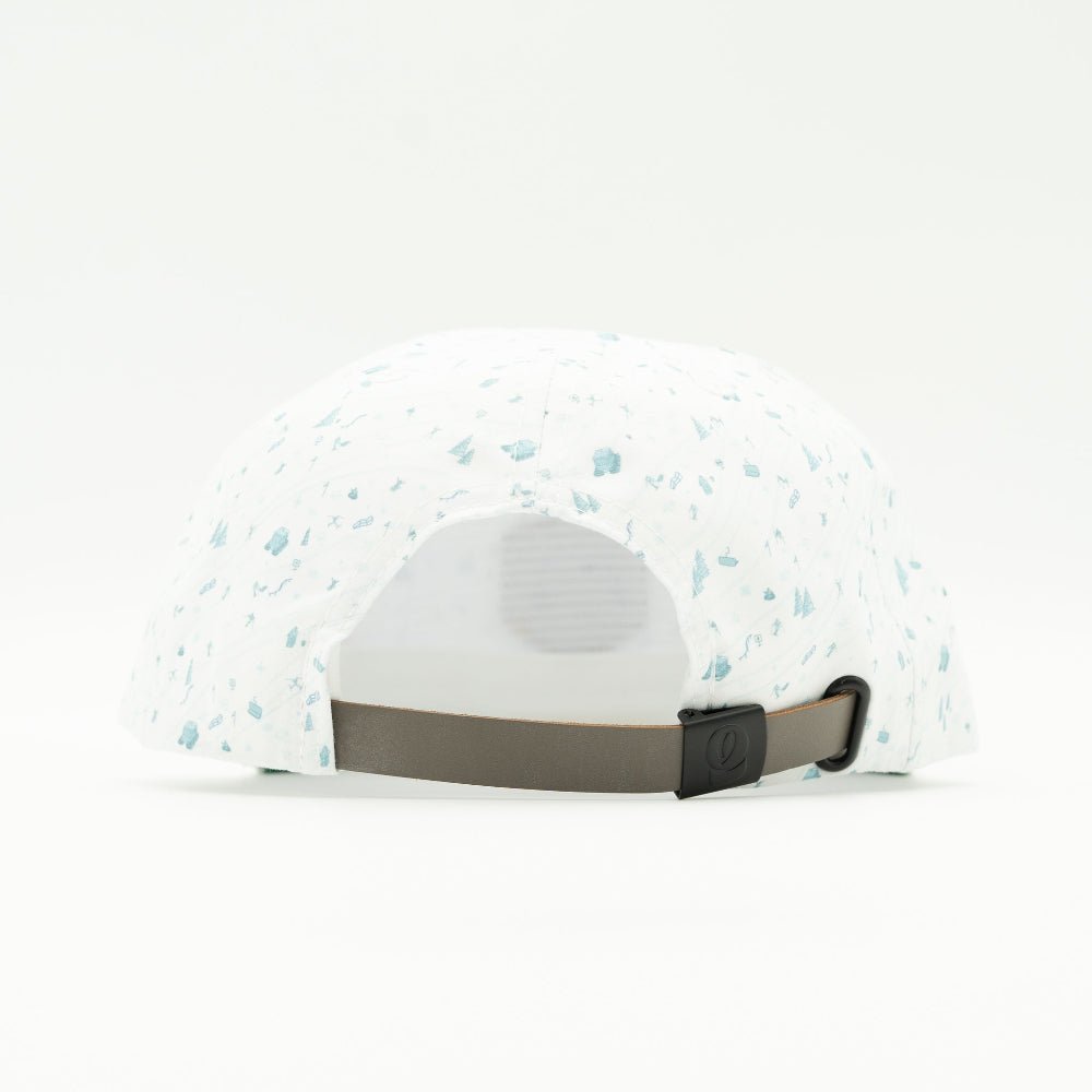 White baseball cap with a light blue terrazzo pattern and a brown adjustable strap, shown from the back on a white background.

Color: Blue Mountain