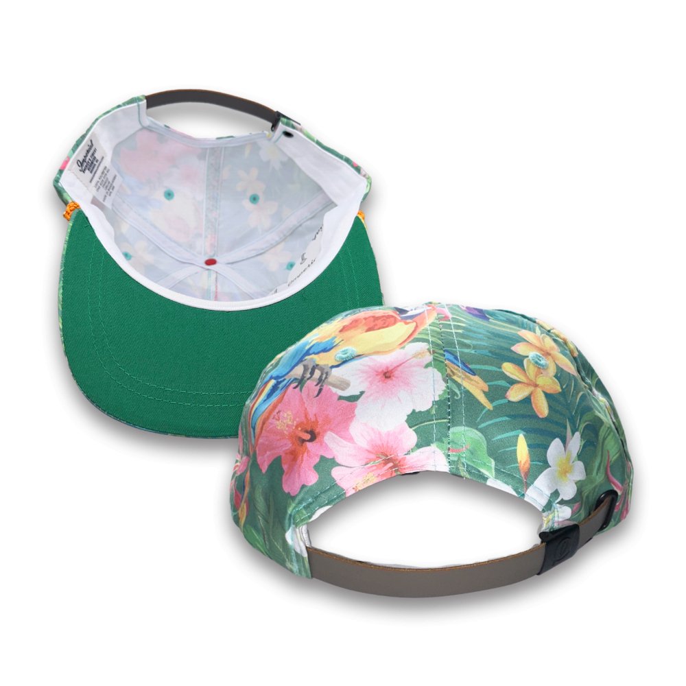 Backside view of the Island Breeze Hat by Outer Wings, displaying the leather adjustable strap for a secure and custom fit. The underside features the distinctive pattern that matches the hat's vibrant Hawaii-themed print, along with a moisture-wicking sweatband for added comfort. This detailed view highlights the high-quality craftsmanship and functional design of the Imperial DNA010 Aloha Rope Hat, perfect for those seeking a stylish and adjustable headwear option.