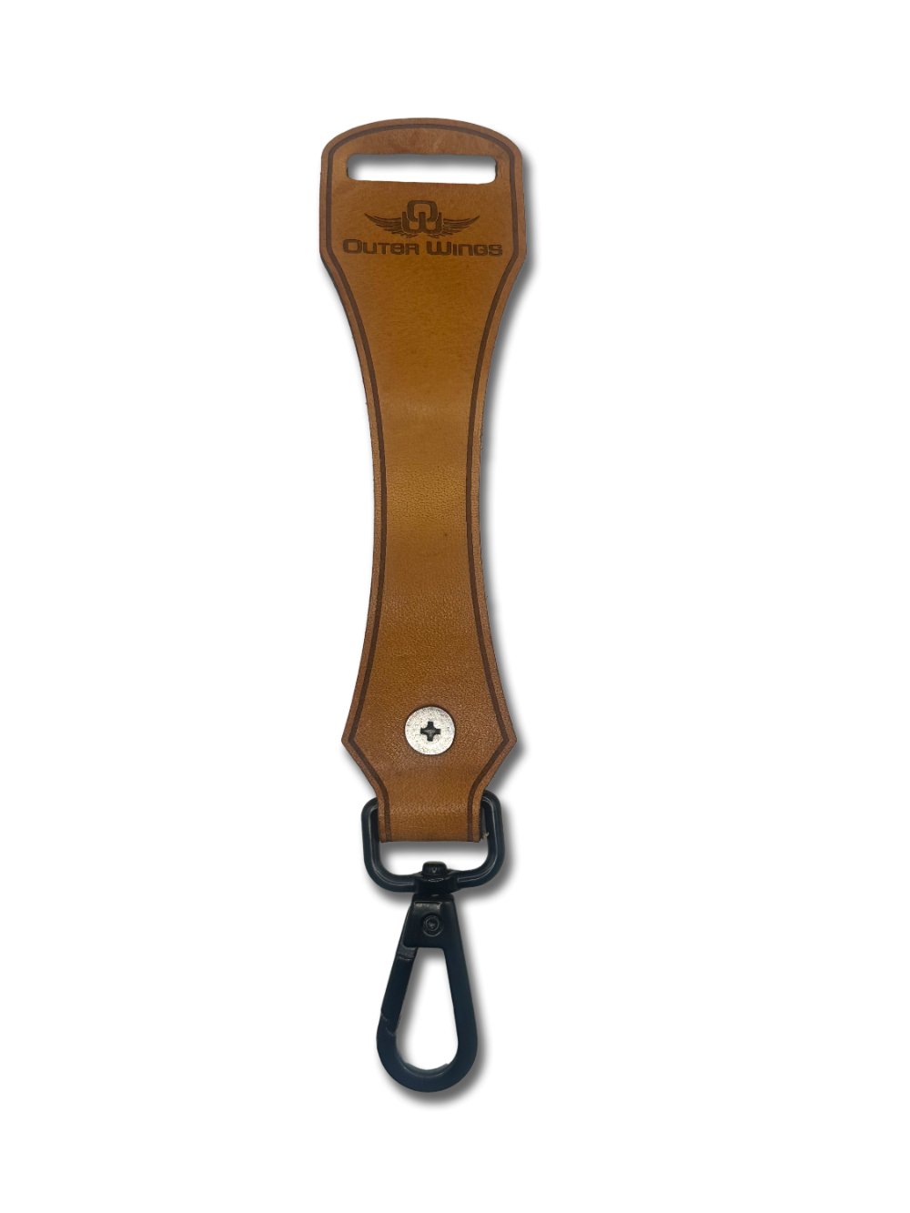 Outer Wings leather hat clip shown in an open position, featuring a thick leather loop with Chicago rivets and a 360-degree swivel quick link keychain. The open clip showcases its design and functionality for attaching to bags, backpacks, or belt loops.