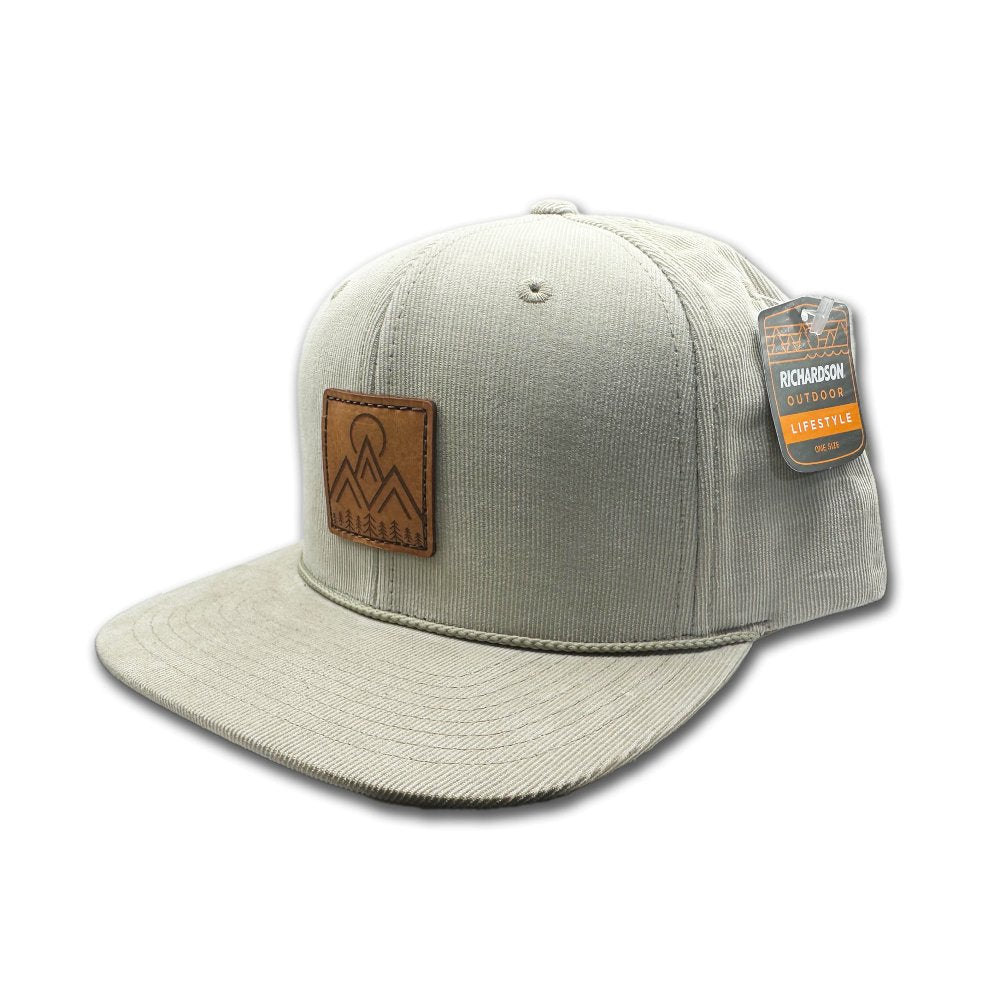 Side view of the Moonlite Mountain Hat in tan, showcasing the high-profile design, breathable cotton corduroy fabric, and adjustable snapback closure. The genuine leather patch with a moonlit mountain design adds a distinctive touch to this rugged and stylish hat.