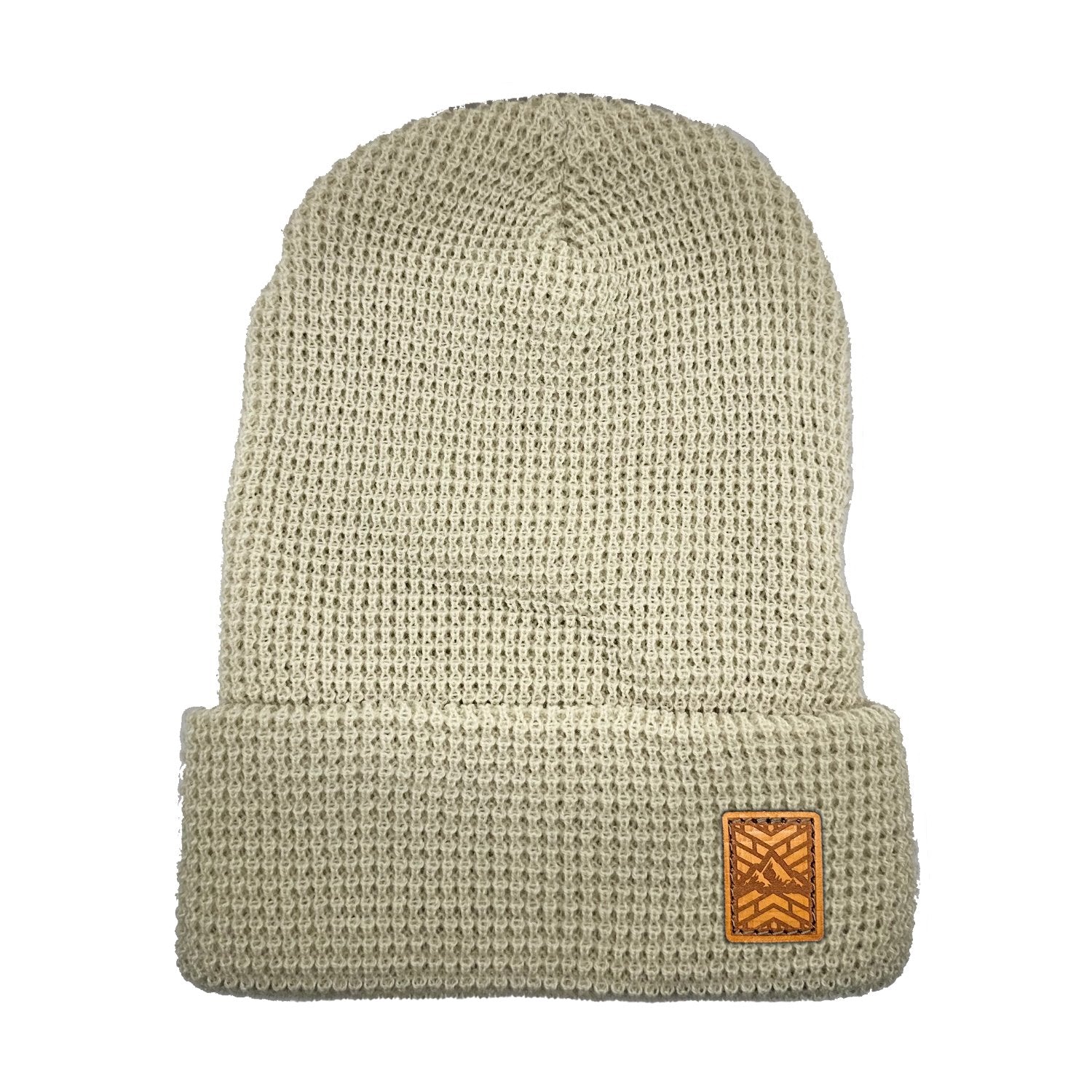 Richardson Beanie with leather patch. Full grain, Veg tanned leather. with laser engraved, custom image. Mosaic Peak, Leather patch is sewn on to hat.