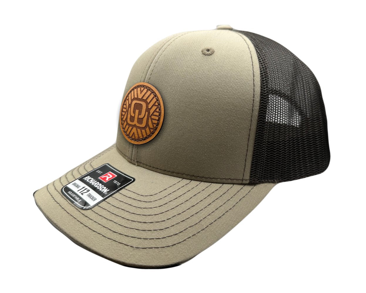 Side view of the Mosaic Wings Leather Patch Hat by Outer Wings in khaki/brown, showcasing the structured mid-profile design of the Richardson 112. The side highlights the detailed leather patch with the Mosaic Wings design, adding a touch of rugged elegance to this custom leather patch hat, perfect for outdoor enthusiasts. The adjustable SnapBack and mesh back provide breathability and comfort.