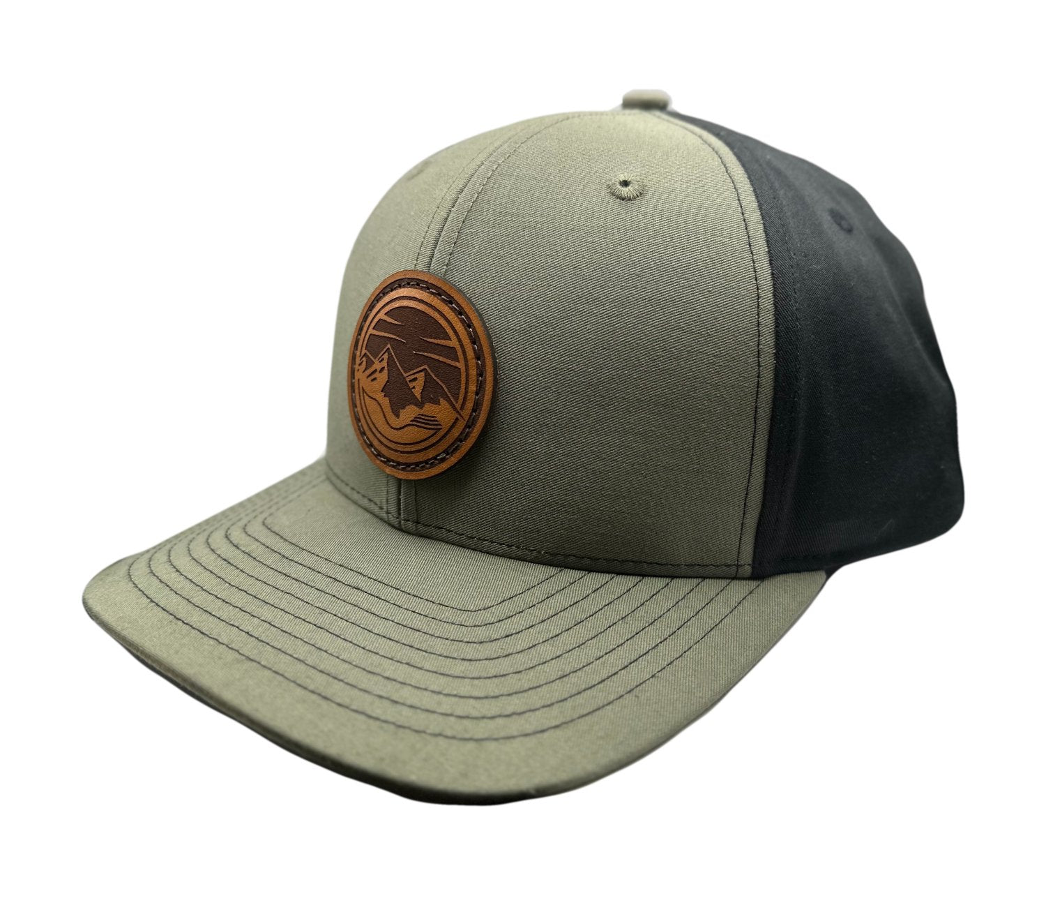 Side view of the Mountain Lake leather patch hat on Richardson 312 in Loden/Black, highlighting the pre-curved visor, adjustable snapback, and classic front panel. A rugged, stylish choice for outdoor enthusiasts.