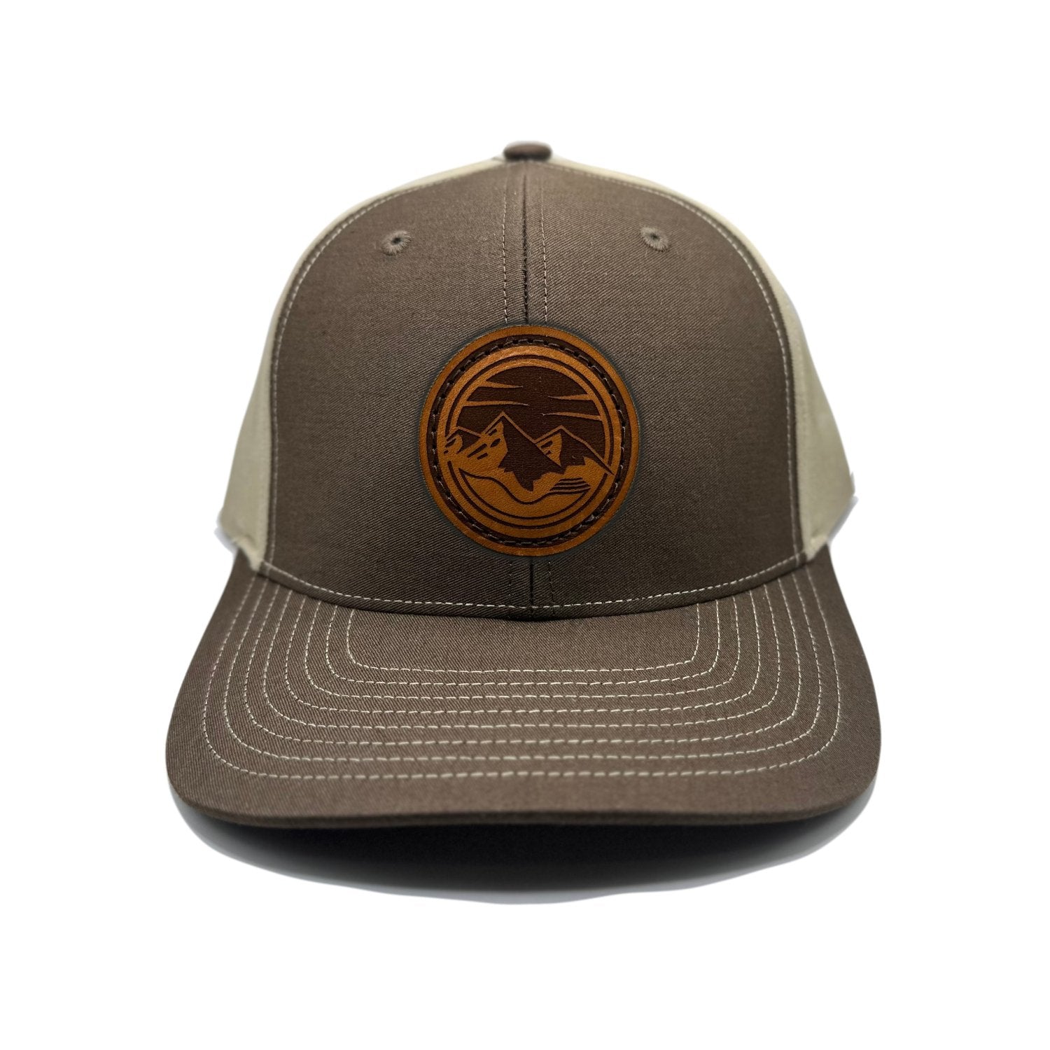 Front view of the Mountain Lake leather patch hat on Richardson 312 in Brown/Khaki, featuring a six-panel, mid-profile design with a real leather patch showcasing the Mountain Lake design. Perfect for mountain man apparel lovers.