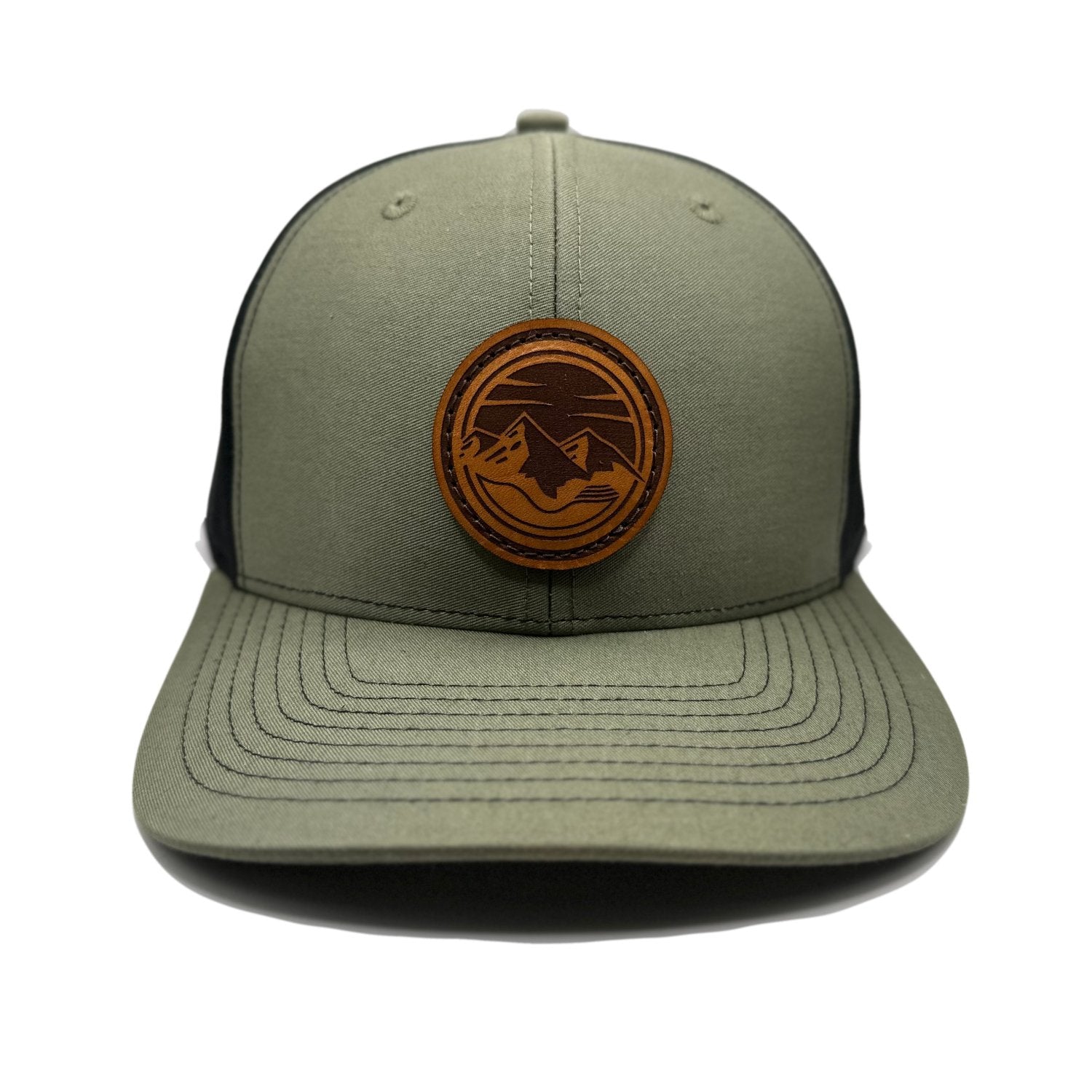 Front view of the Mountain Lake leather patch hat on Richardson 312 in Loden/Black, featuring a six-panel, mid-profile design with a leather patch combining rugged outdoor themes. Perfect for those seeking high-quality Colorado hats.