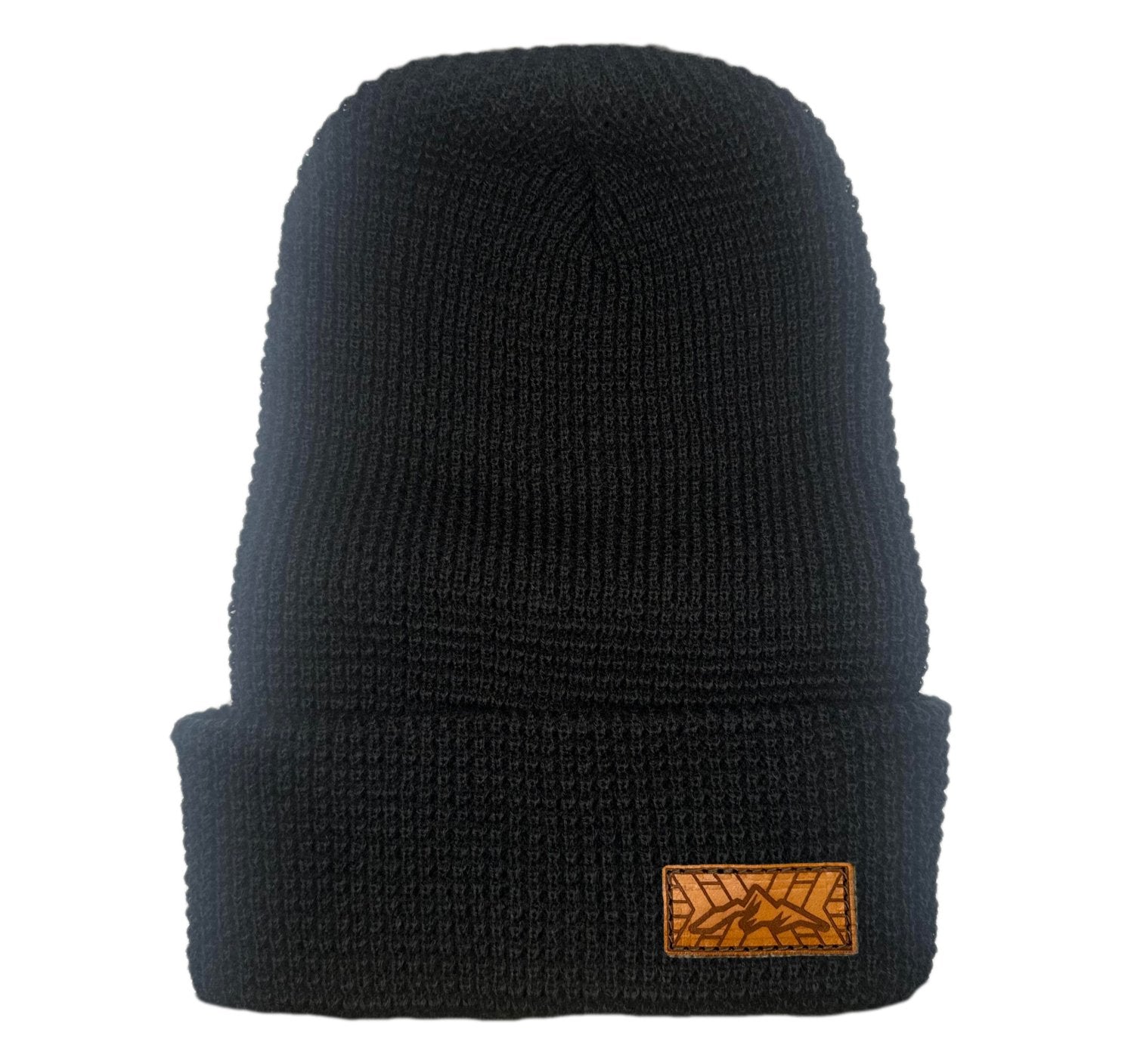 Richardson Stocking Cap with leather patch. Full grain, Veg tanned, real leather. This leather is laser engraved with a Mountain Top, Leather patch is sewn on to Beanie.