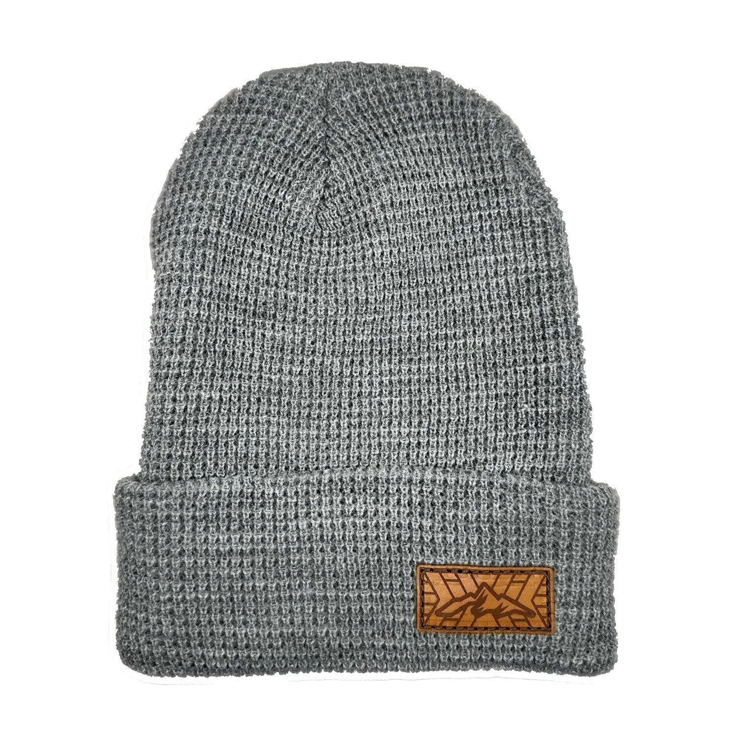 Richardson Grey Beanie with leather patch. Full grain, Veg tanned leather. with laser engraved, custom image. Leather patch is sewn on to hat.